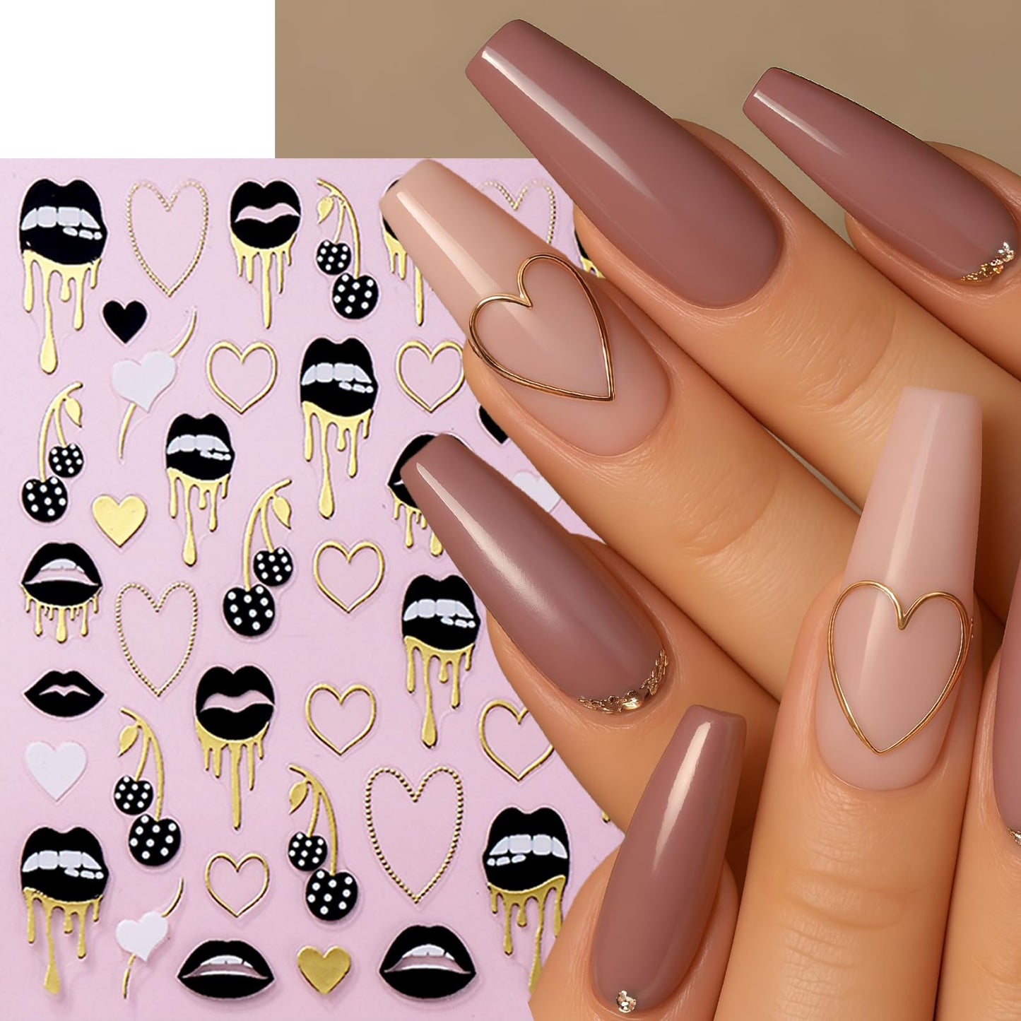 6 Sheets Black Lips Nail Stickers Valentines Nail Decals Self-Adhesive Rose Gold Heart Cherry Sexy Lips Nail Design Hollow Heart Nails Supplies DIY Manicure Accessories for Women Nails Decorations