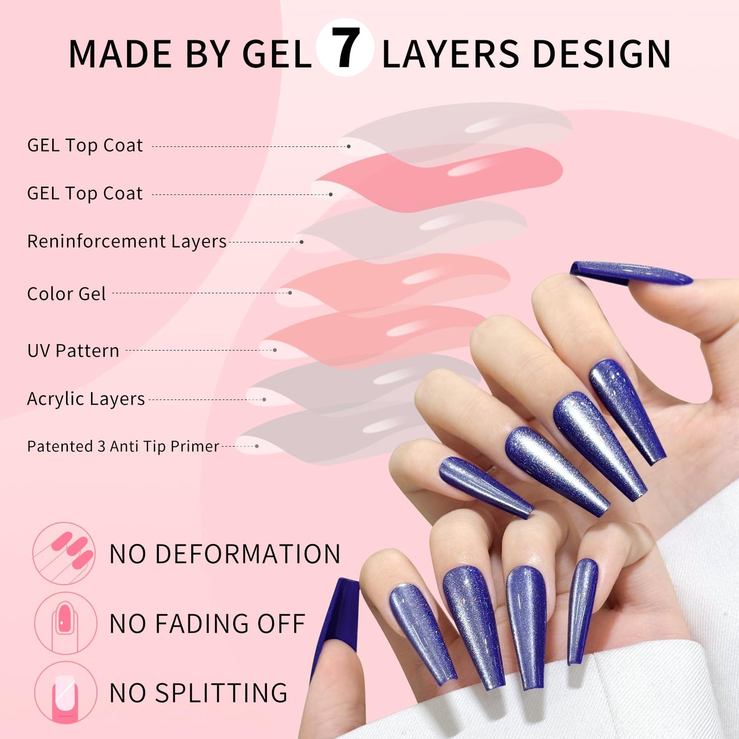 Navy Blue Cat Eyes Press On Nails,12 Sizes-24 Pcs Soft Gel Blue Long Coffin Fake Nails Kit with Nail Glue, Natural Reusable Stick On False Nails for Women and Girls SK1050