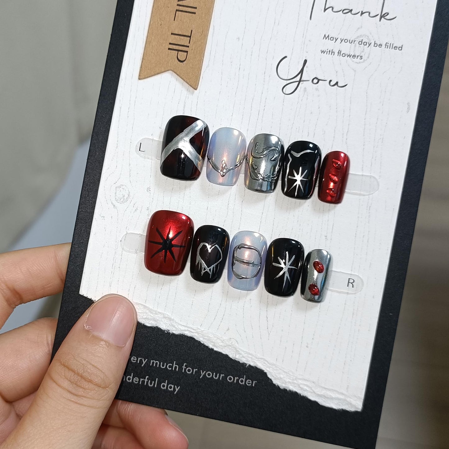 TENPAL Gothic Press On Nails With Tools,Y2K Spider Web Embossed Short Square Glossy Chrome Glue on Nails,Dark Sweet Cool Acrylic Fake Nails,Silver White Red Metal Artificial False Nails 10Pcs(XS)