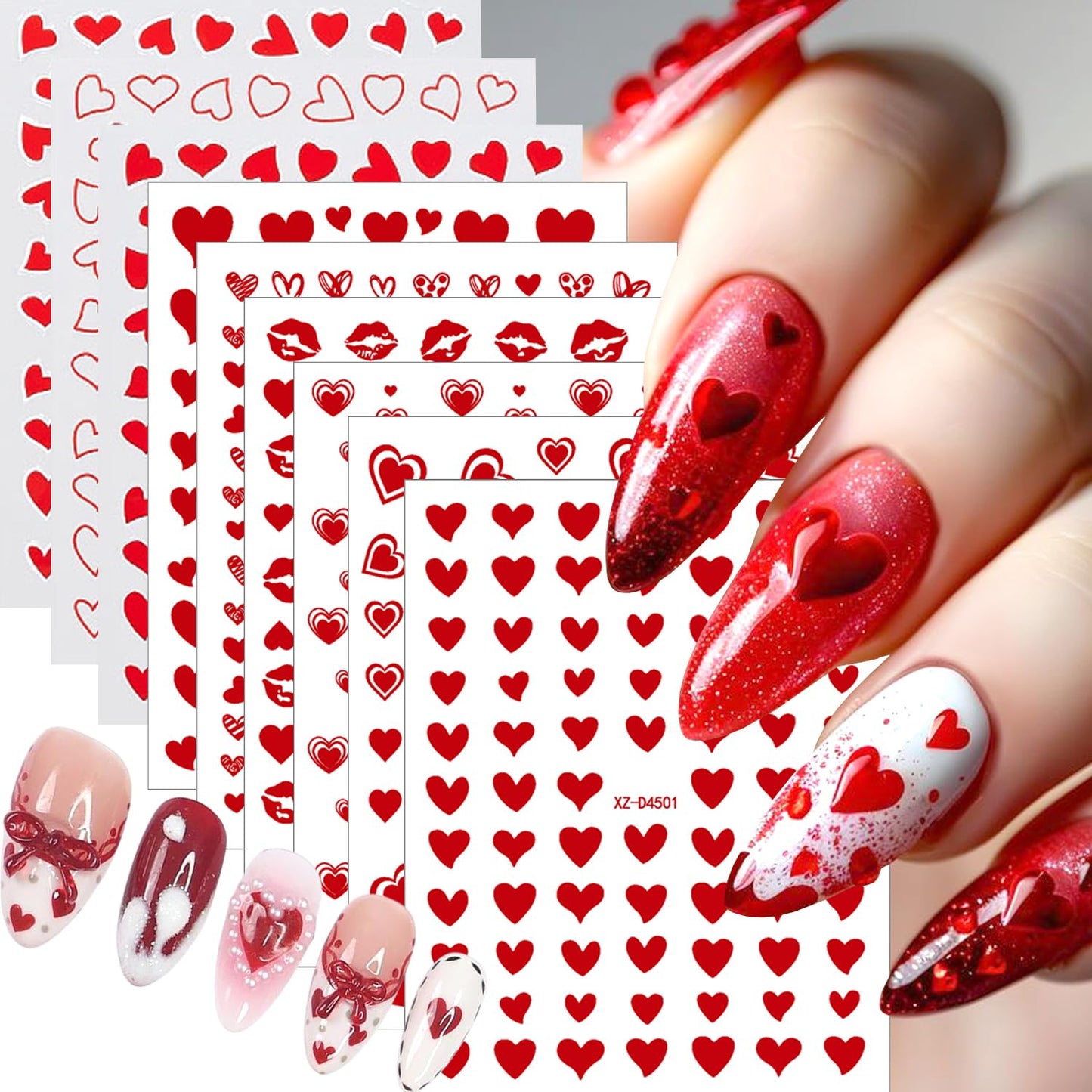 9Sheets Red Heart Nail Art Stickers 3D Romantic Valentines Nail Decals Self-Adhesive Cute Hollow Love Designs Nail Stickers for Acrylic Nails Red Lips Nail Decal for Women DIY Holiday Nails Decoration