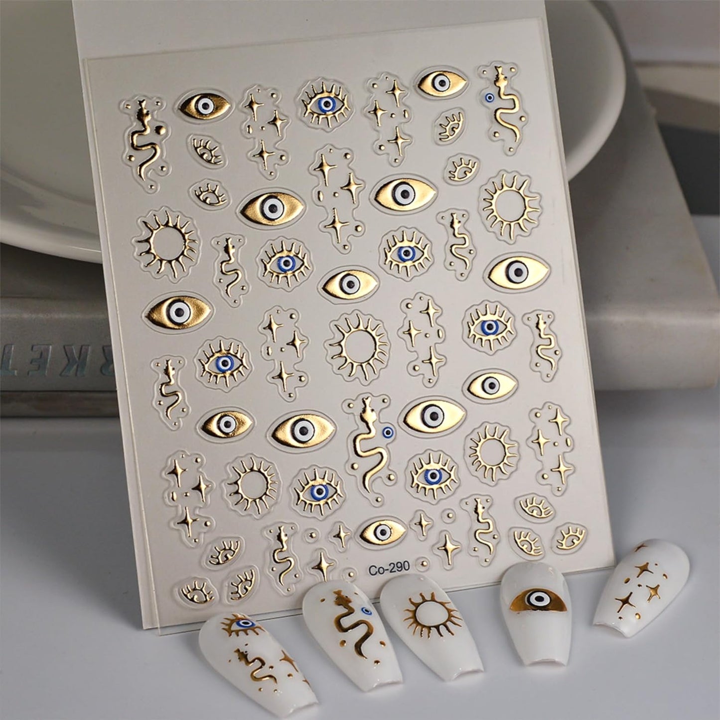 5D Embossed Gold Nail Stickers for Nail Art Evil Eyes Nail Art Stickers Decals for Acrylic Nails Self Adhesive Star Nail Decals Design Gold Nails Supplies for Women Girls