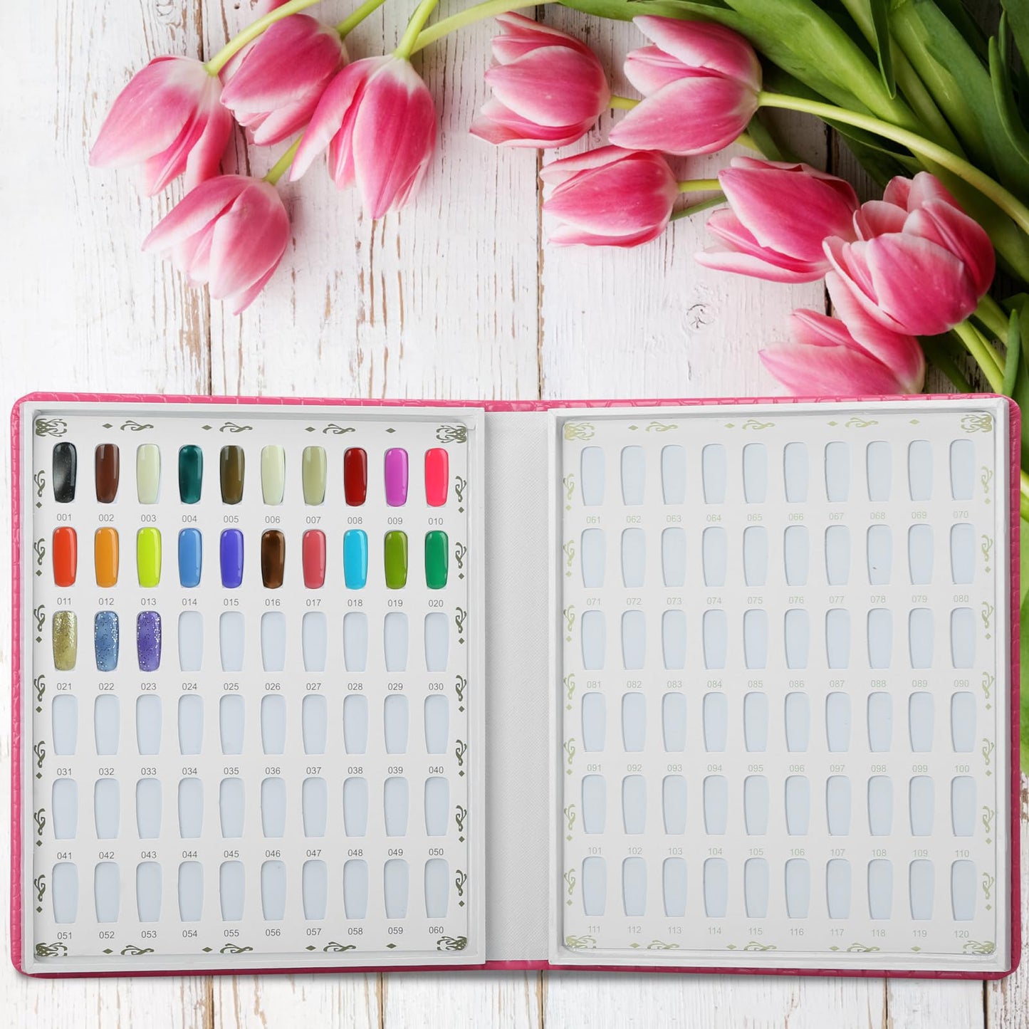 vnjaoi 120 Colors Nail Swatches Book with 240 Nail Tips and Number Labels Leather Nail Gel Polish Display Book Nail Painting Practice Design Board No Need Pasting, No Need Glue
