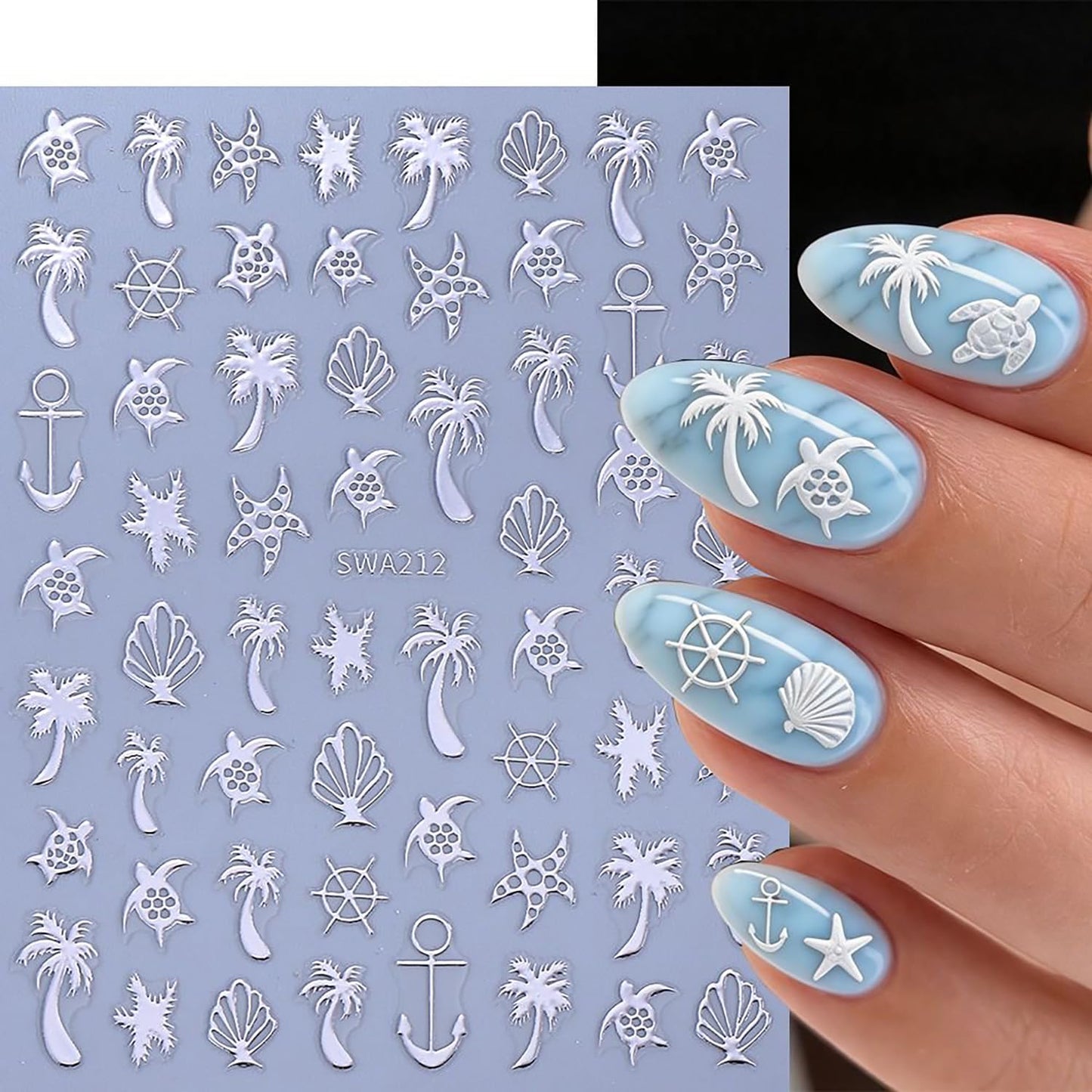 CJDLTS 6 Sheets Gold & Silver Ocean Nail Art Stickers 3D Self -Adhesive Coconut Tree Seashell Nail Decals Holographic Sea Turtles and Starfish Nails Stickers for Women Nails Decoration Supplies
