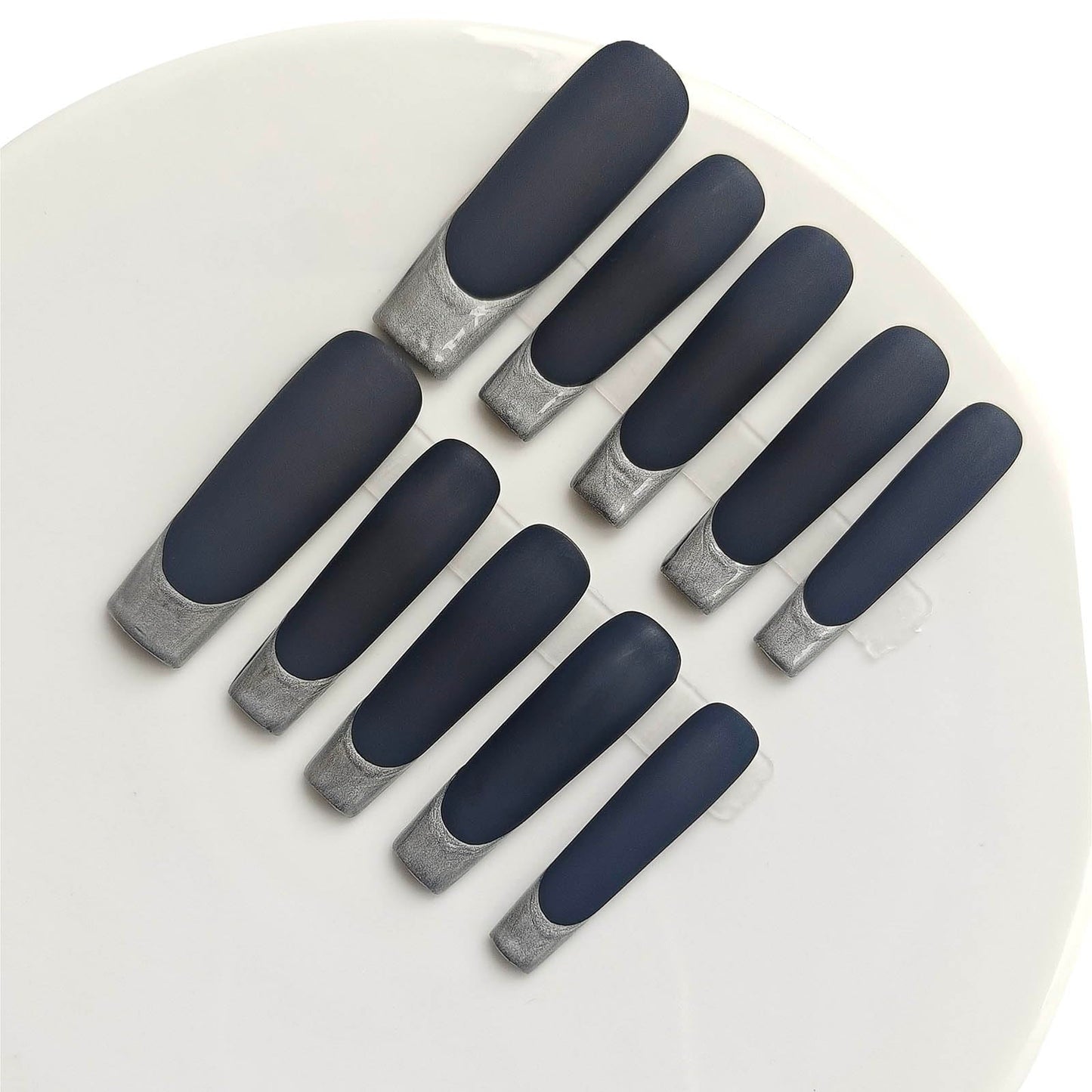 Gleamrain 10pcs Handmade Extra Long Press-on Nails Coffin Shape (M Size) with Silver French Tip Designs Black Press on Acrylic Nails for Women Suitable for Holiday Wear, D104
