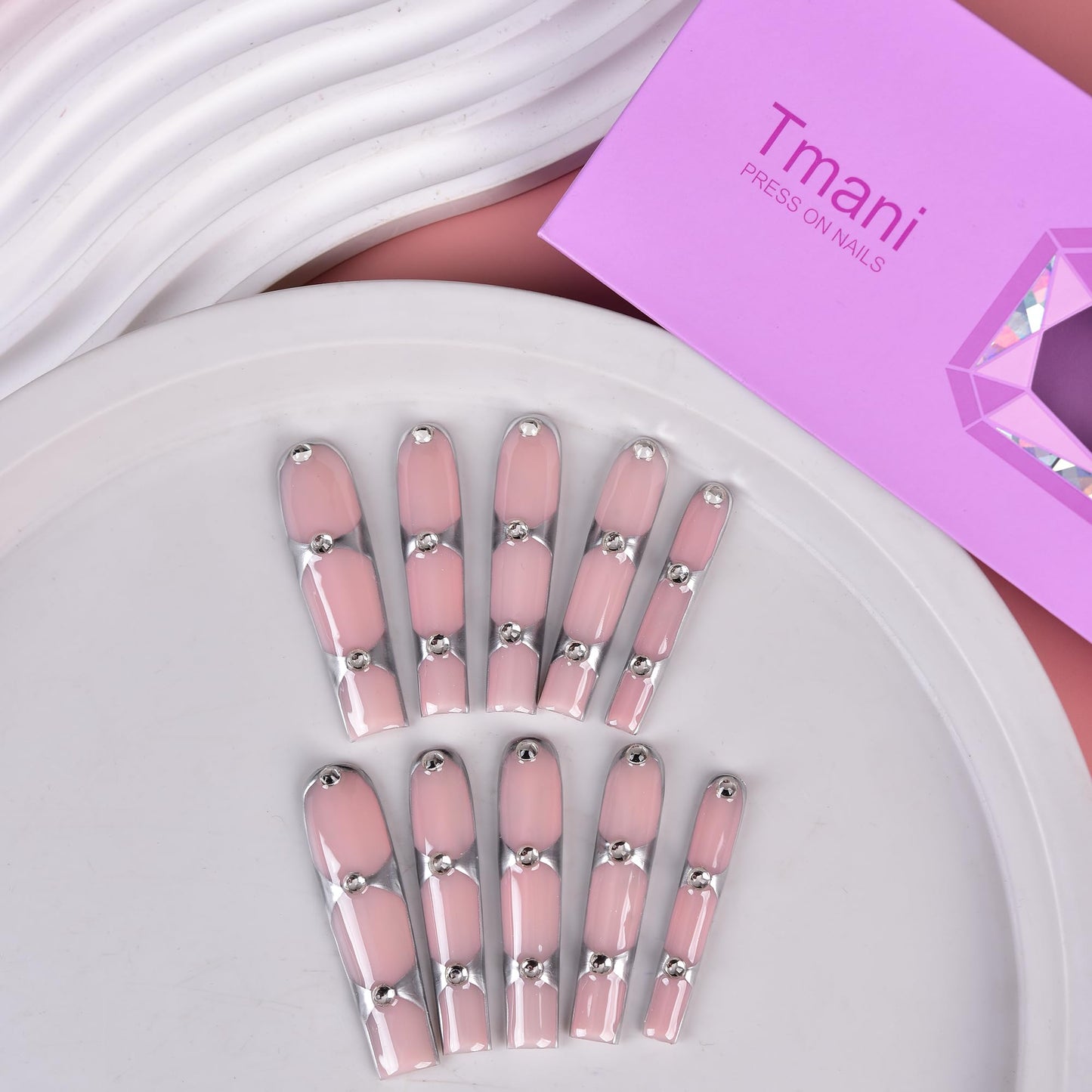 Tmani 10pc/set Extra Long Handmade Press On Nail Hot Girl's Long Ballet Square Nail Full of Diamond Glitter Decoration Fake Nails Suitable For Girls Festival Parties and Birthday Gift（096,Size-L)
