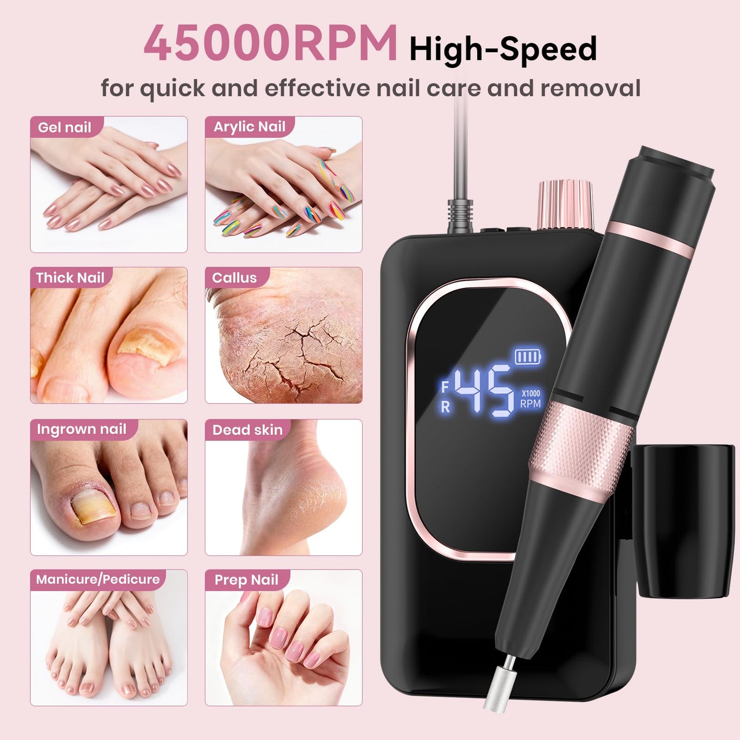 Professional Electric Nail Drill 45000RPM, Portable Nail File for Acrylic Gel Nails, Cordless Rechargeable Salon-Grade Ultra Power Nail Drill Kit for Shaping, Polishing & Removing Gel Nails,Black