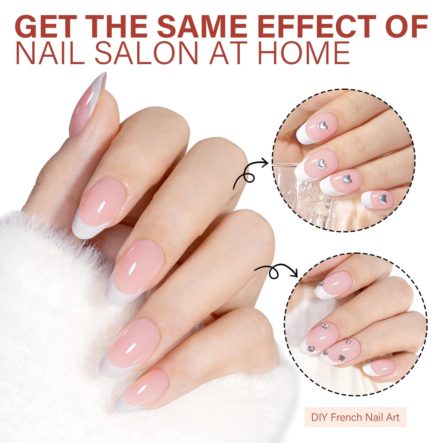 AILLSA French Gel Nail Tips, 180 Pcs Pink French Tip Press on Nails Short Almond, Pre-Applied Primer & Base Coat, No Need File, Soft Nail Tips, Fake Nails for Nail Art DIY 15 Sizes