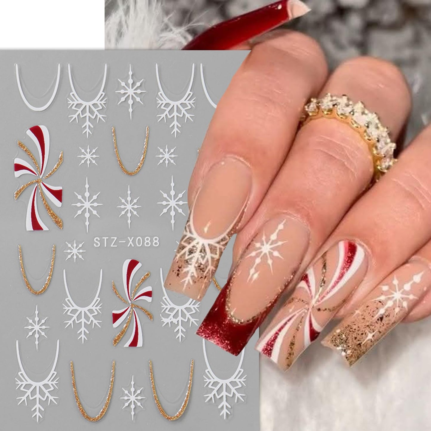 Christmas French Nail Stickers Decals with Christmas Cartoon Snowflakes, French Lines, Bows, Santa Hats Design Snowflake Gift Xmas Nail Sticker Nail Tip Winter Holiday Manicure Decor for Women