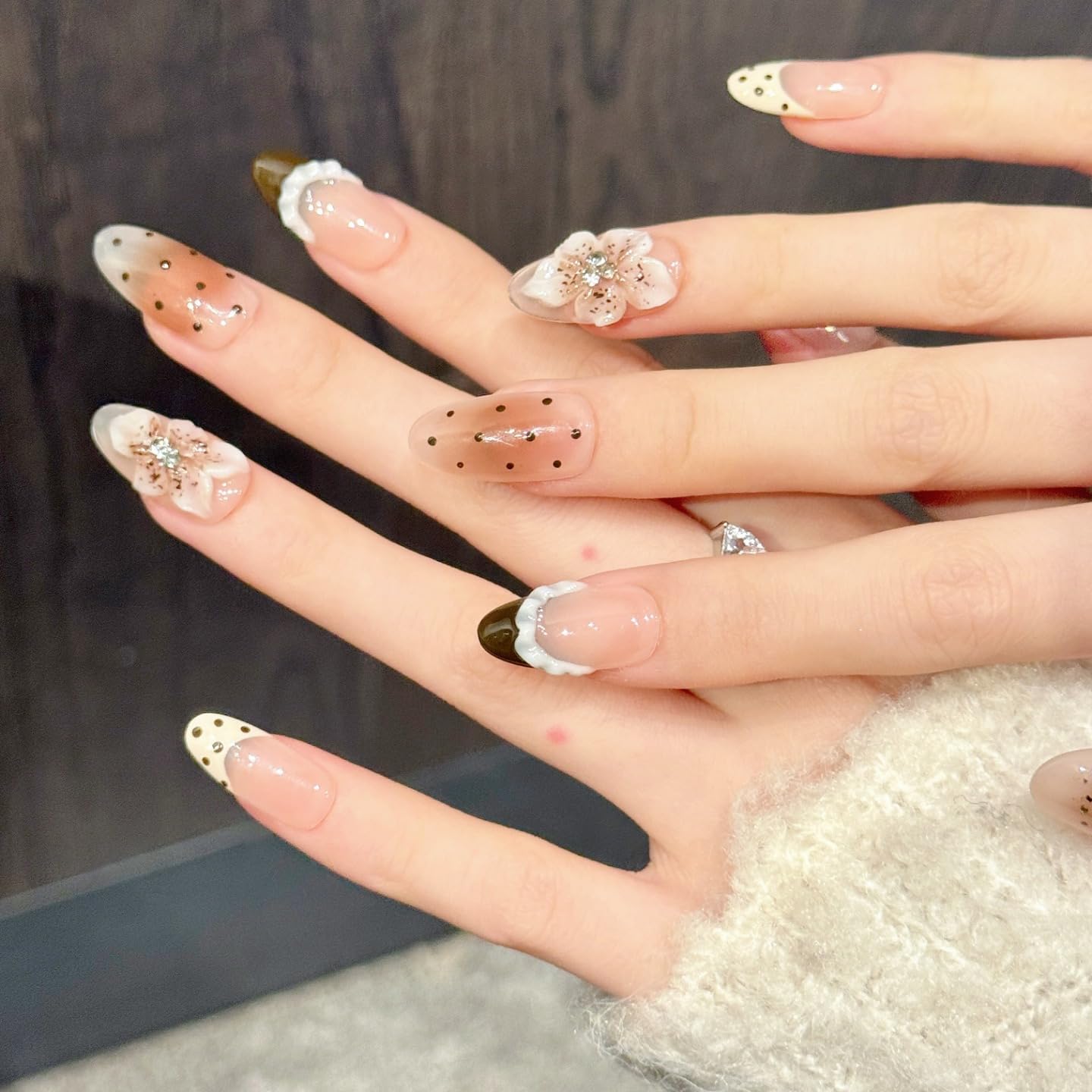 Handmade Press On Nails Medium Almond Nude Ppink Polka Dot French Carving Reusable Wedding Prom And Festival Gift Handmade Acrylic Press On Nails Aacrylic Nail (M)