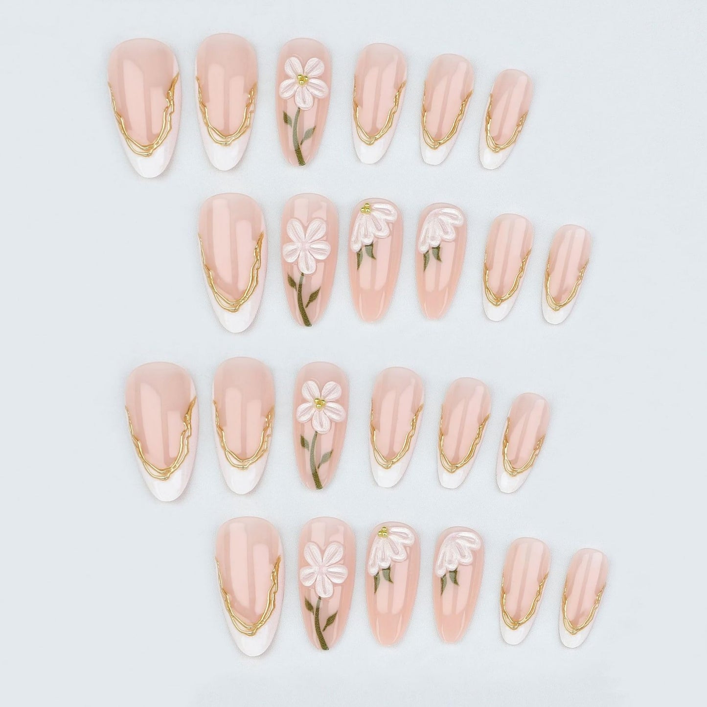 Long Press on Nails Almond Fake Nails Pink Artificial Nail White Flower Gold French Leaf Vine Glossy Stick on Nail Elegant Floral Design for Women 24pcs