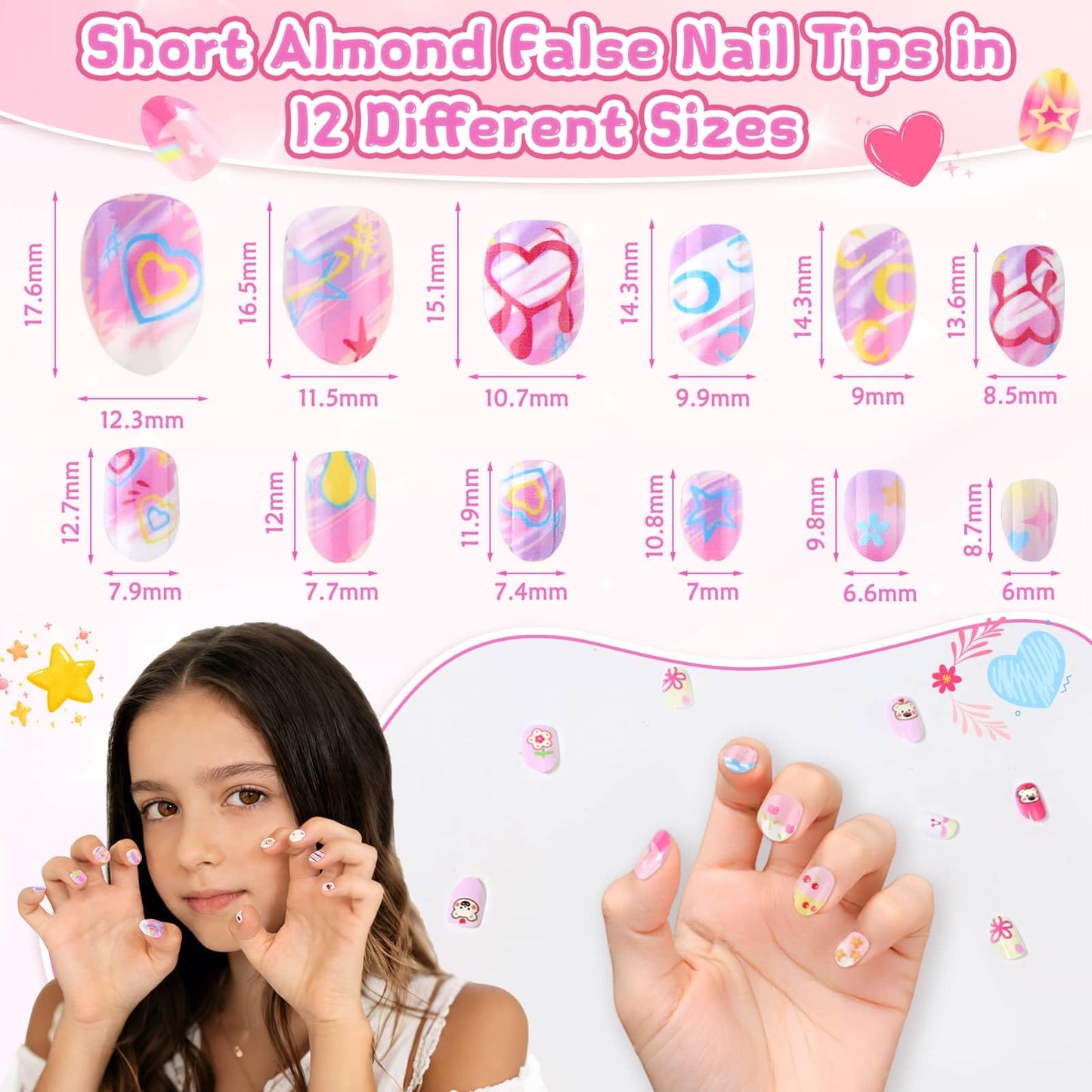 Press On Nails for Kids, 360 Pcs Almond Fake Nails for Girls, Heart Flower Nail Stickers, 3D Rhinestone Stickers Face Gems, Nail Art Kit for Girls Gift 8-12