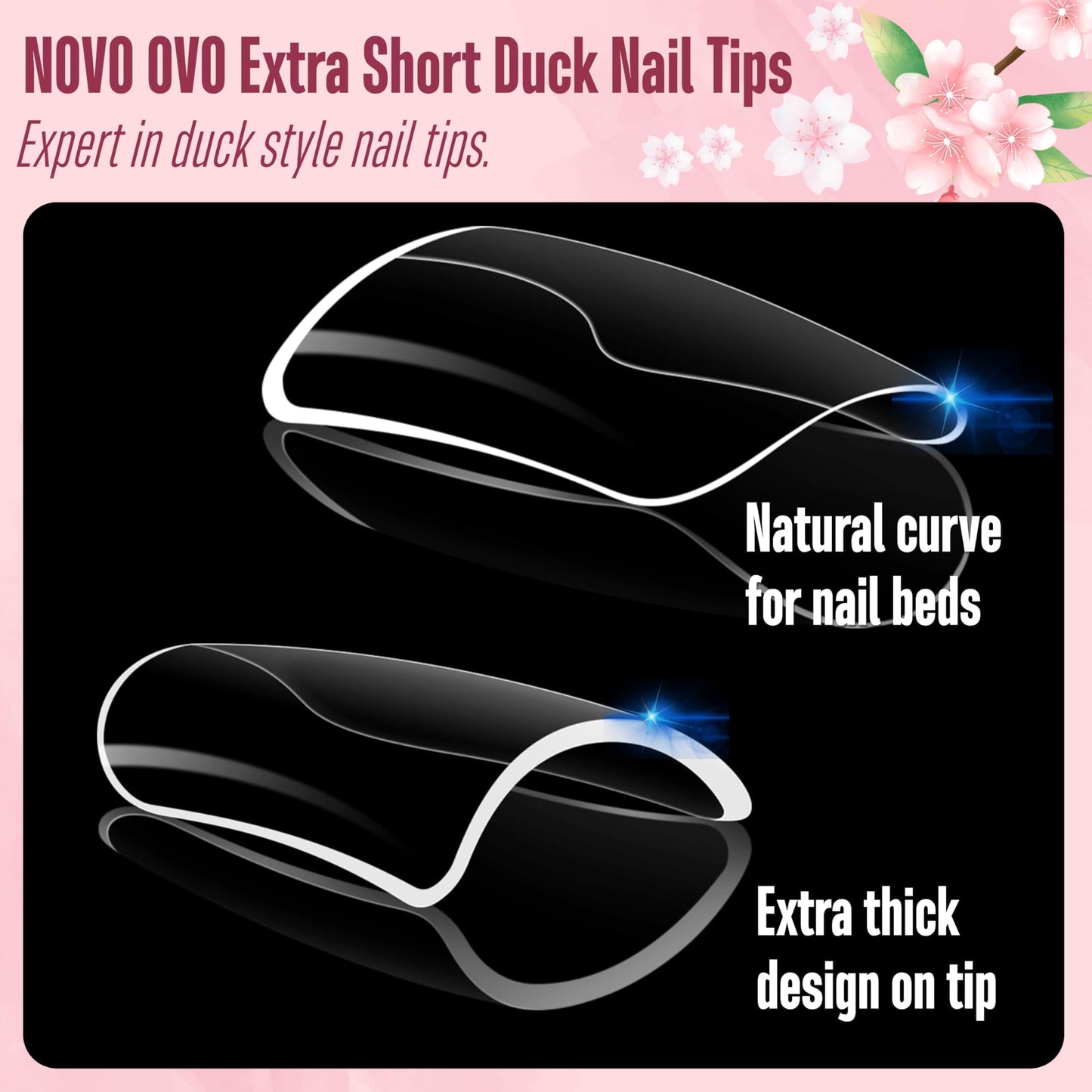 NOVO OVO Duck Feet Nail Tips for Small and Medium Hand, Extra Short Full Cover Press On Acrylic, Clear Full Coverage Thick Flare French Soft Gel Fake False Nail Extension x 12 Sizes 120 pcs