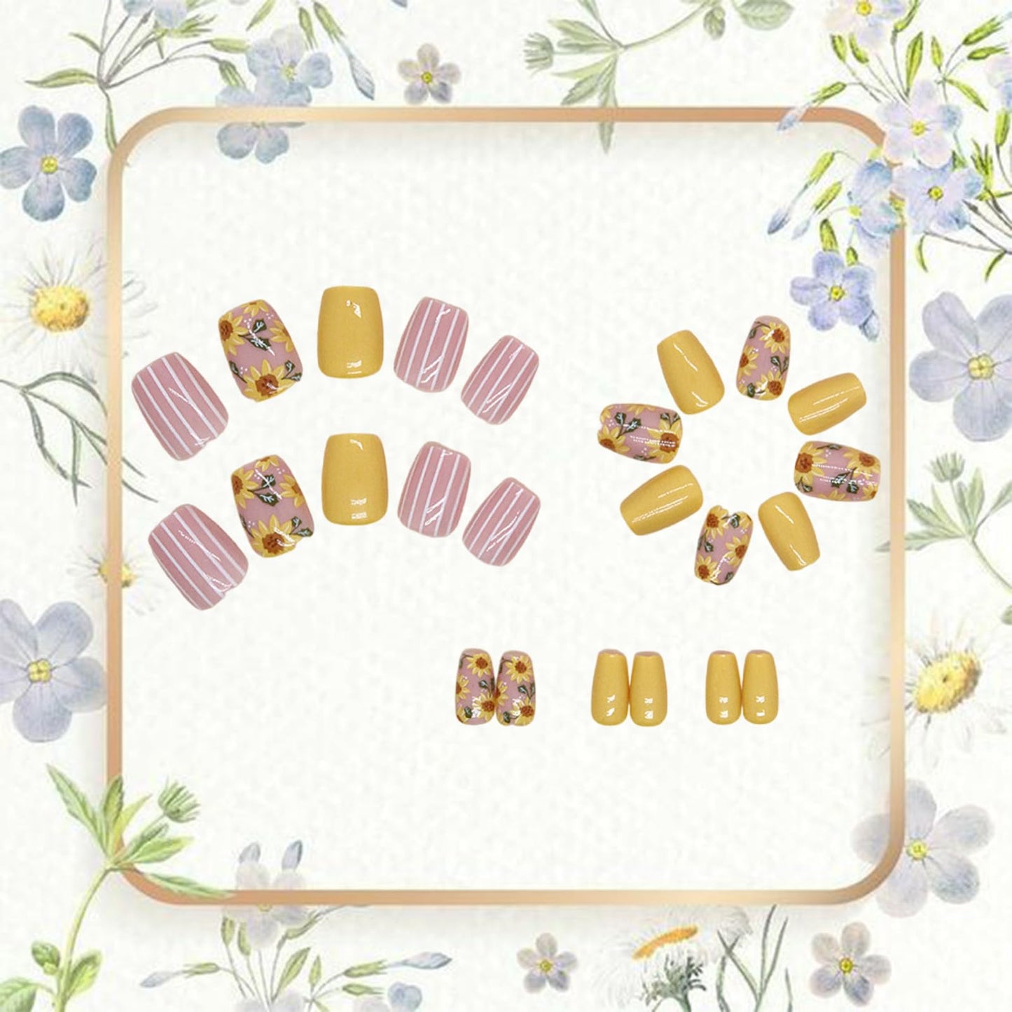 Yellow press-on nails short square false nails spring and summer sunflower yellow light white line full coverage glossy acrylic false nails ladies girls DIY nail art decoration