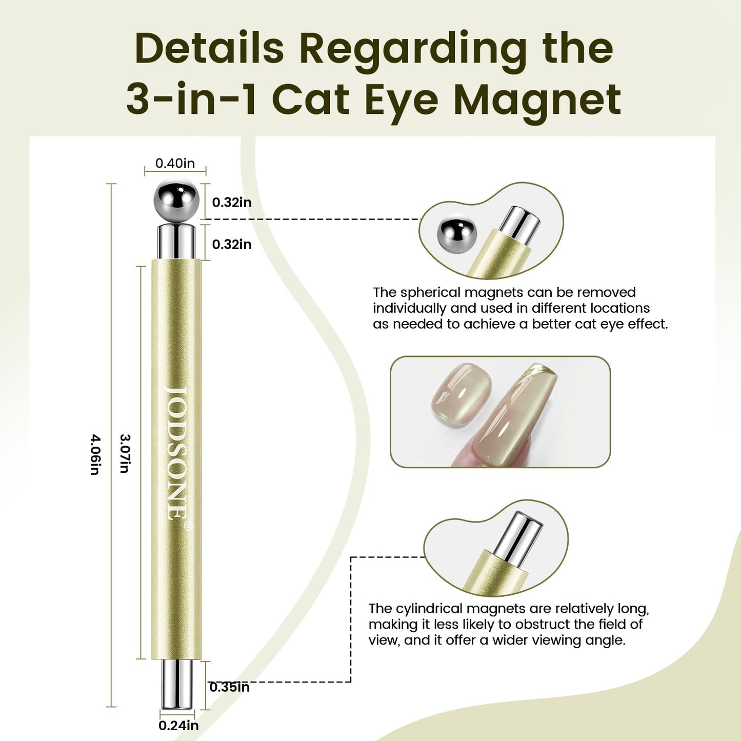 JODSONE 3-in-1 Cat Eye Magnet Nail Art Tool,Cylindrical & Ball Magnet Nail Art Pens, Multi-Effect Magnets for Cat Eye Gel Polish DIY at Home Salon(Magnet Only, No Gel Included)