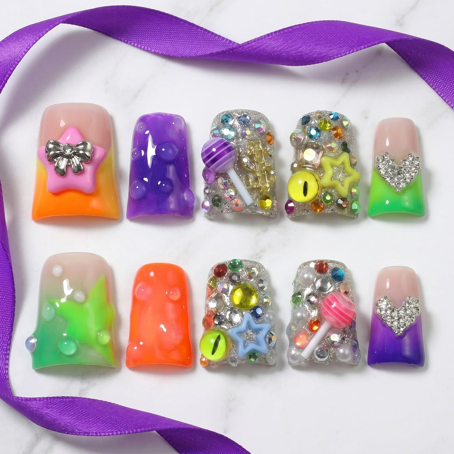 Luxury Colorful Handmade Press on Nails Duckbill Mediu Fake Nails with 3D Candy Rhinestones Design False Nails Embossed Reusable Full Cover Glue on Nail for Women Manicure 10Pcs (Size M)