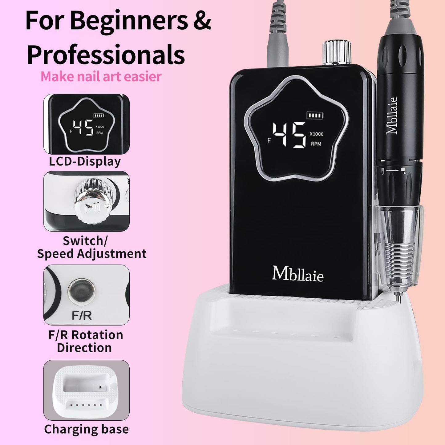 Professional Electric Nail Drill 45000 RPM：Rechargeable Nail File Machine Kit for Acrylic Gel Nails Polishing Removing Portable Cordless Efile with Base Ultra Power Salon & Home Use