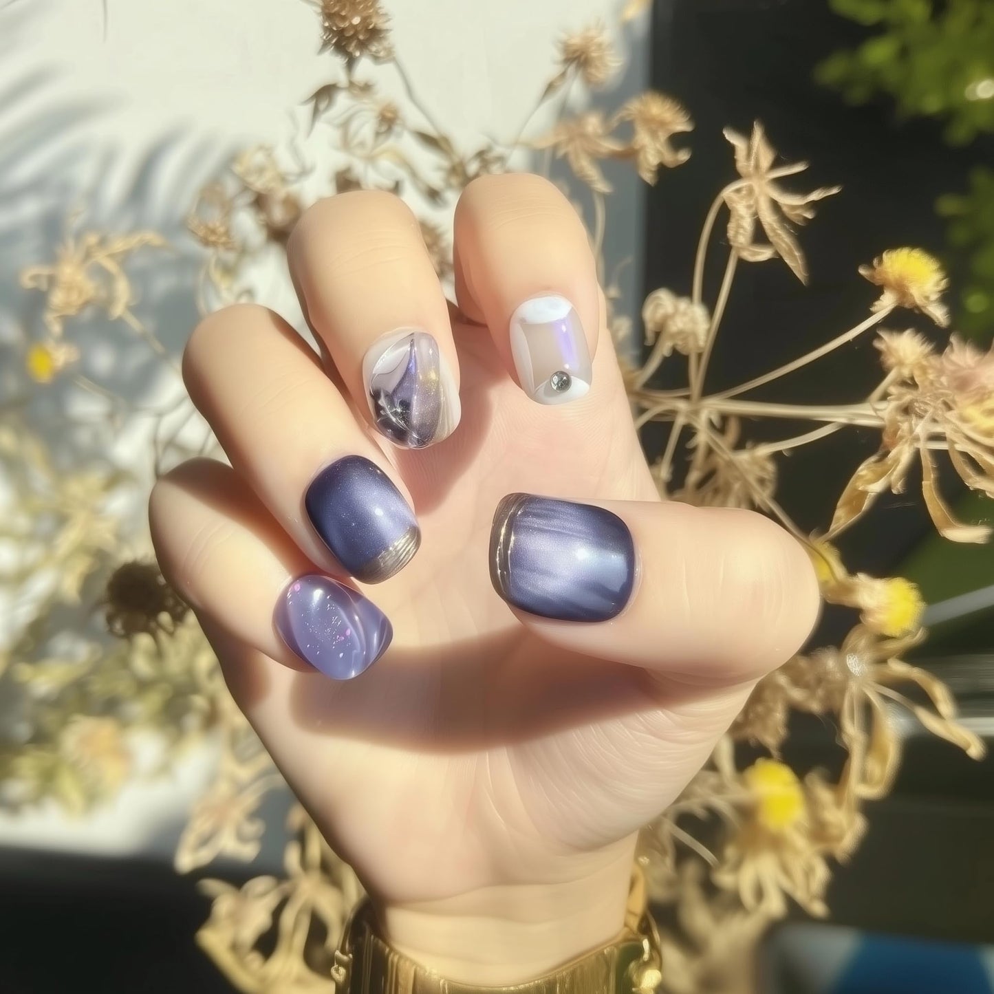 Fine Point Handmade Press On Nails - Short Purple Aurora Shine with Blooming Effect Ink Art, Gold Accents, Iridescent Metallic Glitter - Fake Nails, Nails Press Ons, Short Press On Nails (Size Large)