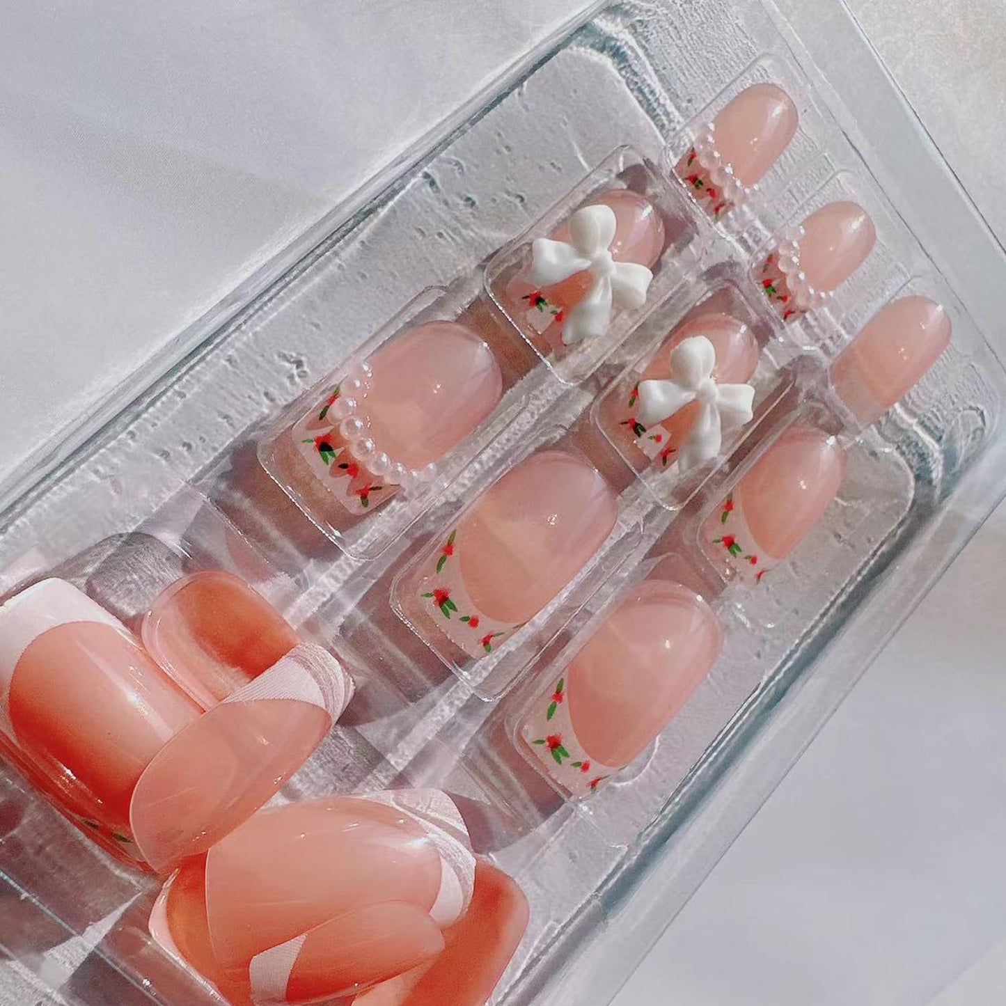 Floral French Press on Nails Cute Pink False Nails with Bow Pearl Design French Nails Press ons Cute Bow Nail Tips Stick on Nails Long Square Shape Artificial Nails Acrylic Finger Manicure for Women