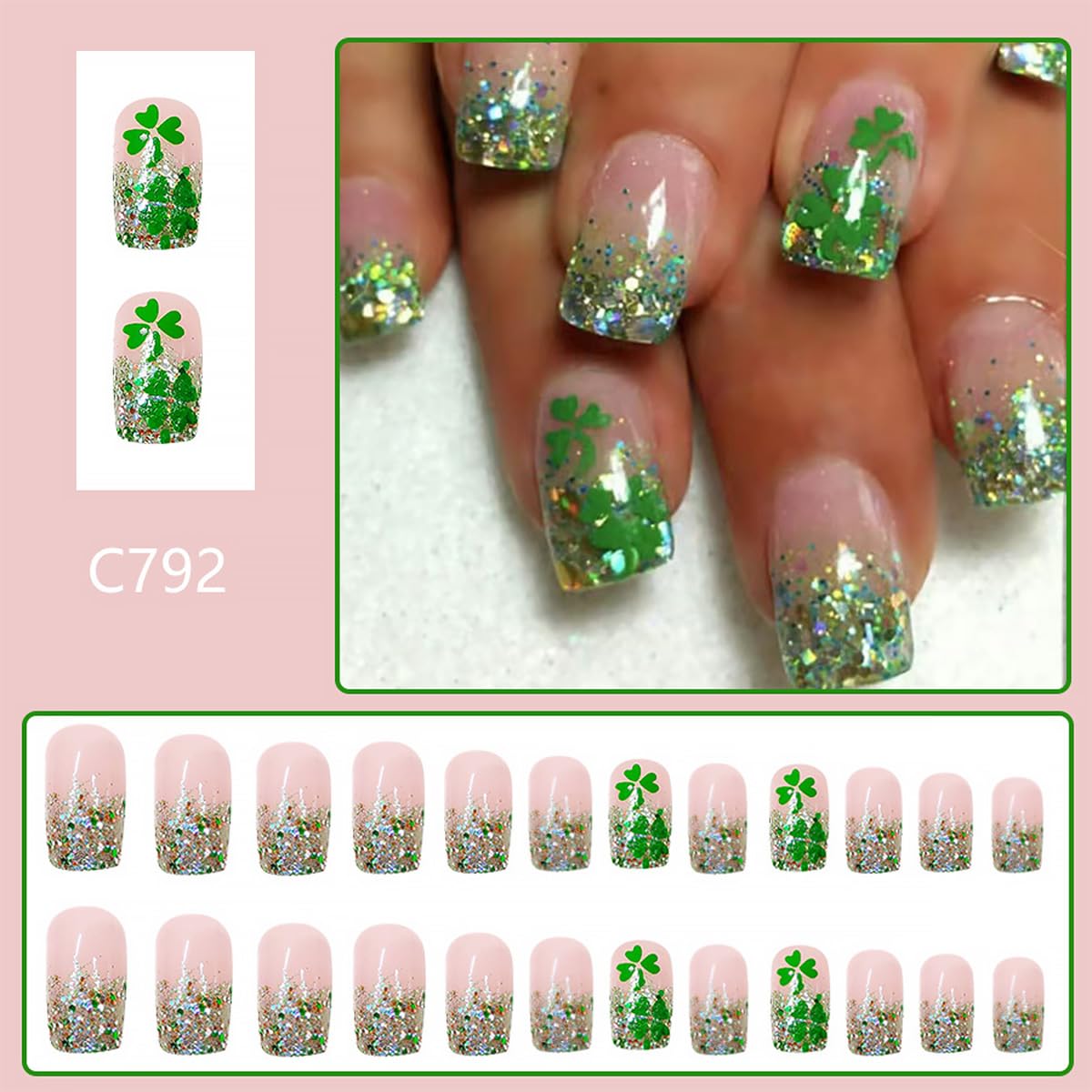 24Pcs St. Patrick's Day Press on Nails Short Square French Tip Fake Nails with Green Shamrock Design Silver Glitter Full Cover Artificial Glue on Nails Irish False Nails Cute Stick on Nails for Women