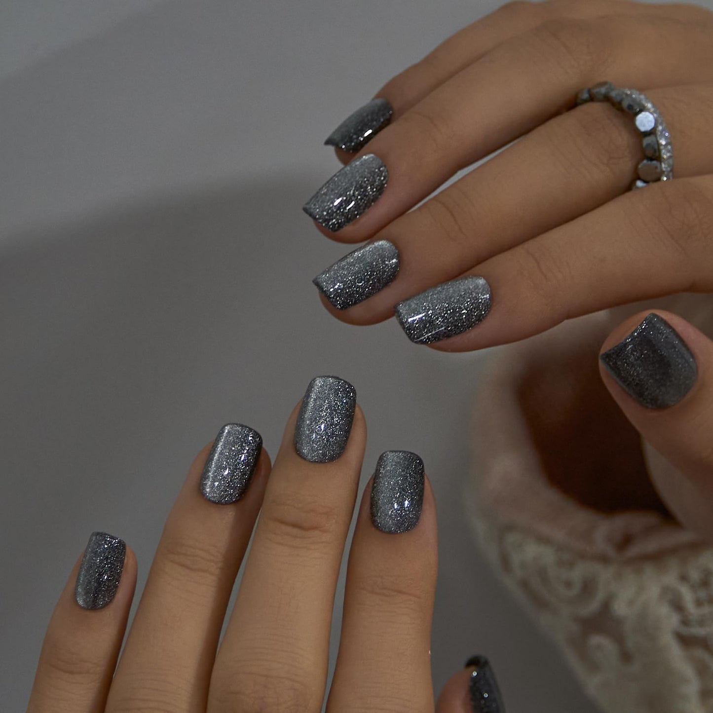 CurvLife Press On Nails Short Square – 30Pcs Silver Glitter Fake Nails, Soft Gel Dark Grey Press On Nails, Sparkly Glue On Stick On Nail Tips for Women & Girls, Party & Night Out
