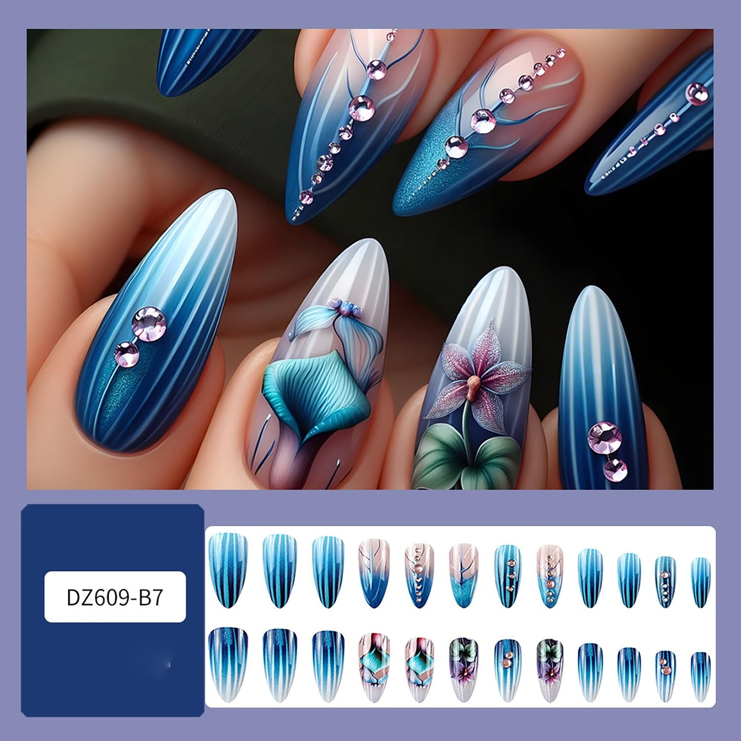 Blue Gradient French Tip Press on Nails Medium Flower Rhinestones Design Stripes False Nail Full Cover Glitter Stick on Nail Almond Tip Press Ons Manicure Glossy Reusable Glue on Nails for Women
