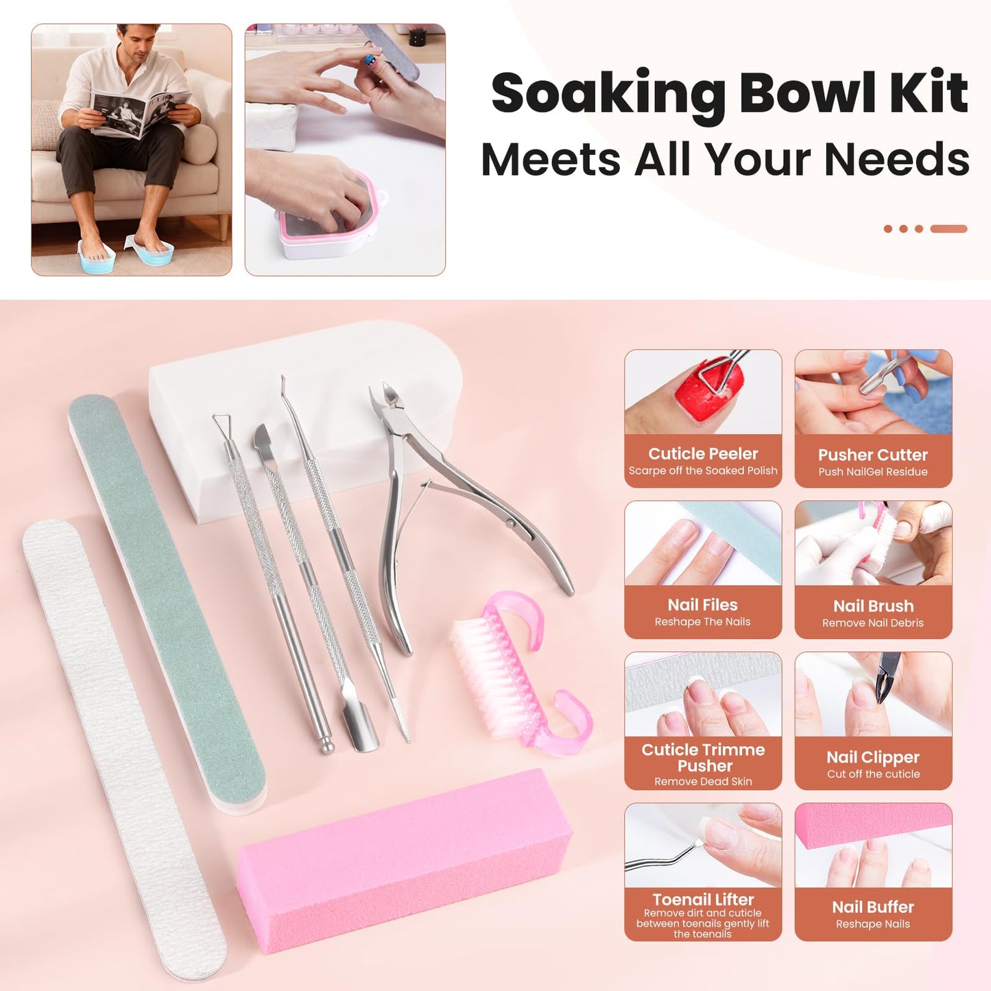Hand Toe Nail Soaking Bowl: 12PCS Large Size Hand & Foot Nail Soak Off Bowl for Nail Lovers - Acetone Proof Toe Soaking Tray with Manciure Pedicure Tools for Dip Powder Gel Polish Remover(Pink, Clear)
