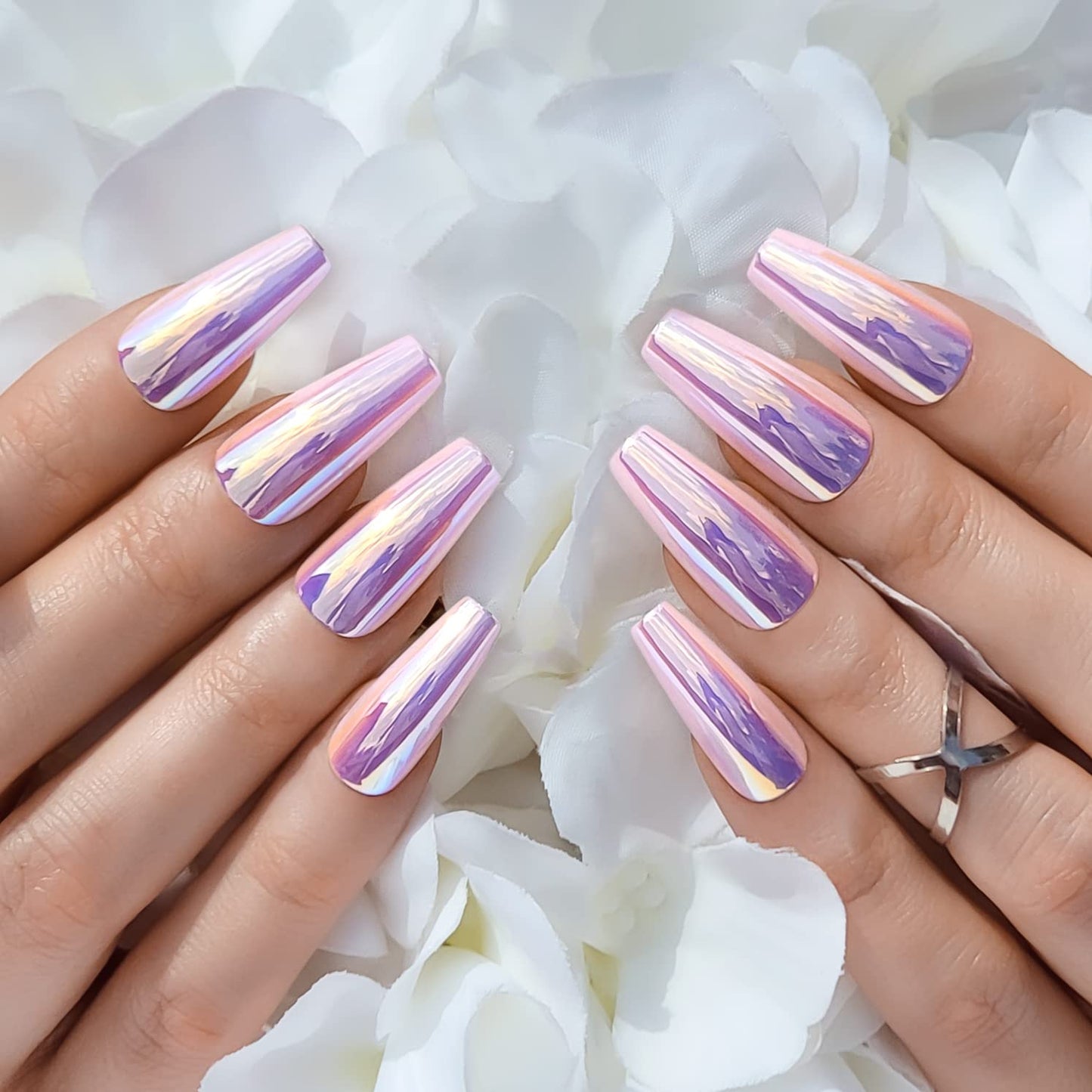 Hypnaughty Press On Nails - Party Star Chrome & Noir Matte Coffin, Trendy & Salon Quality Reusable Nails With Kit