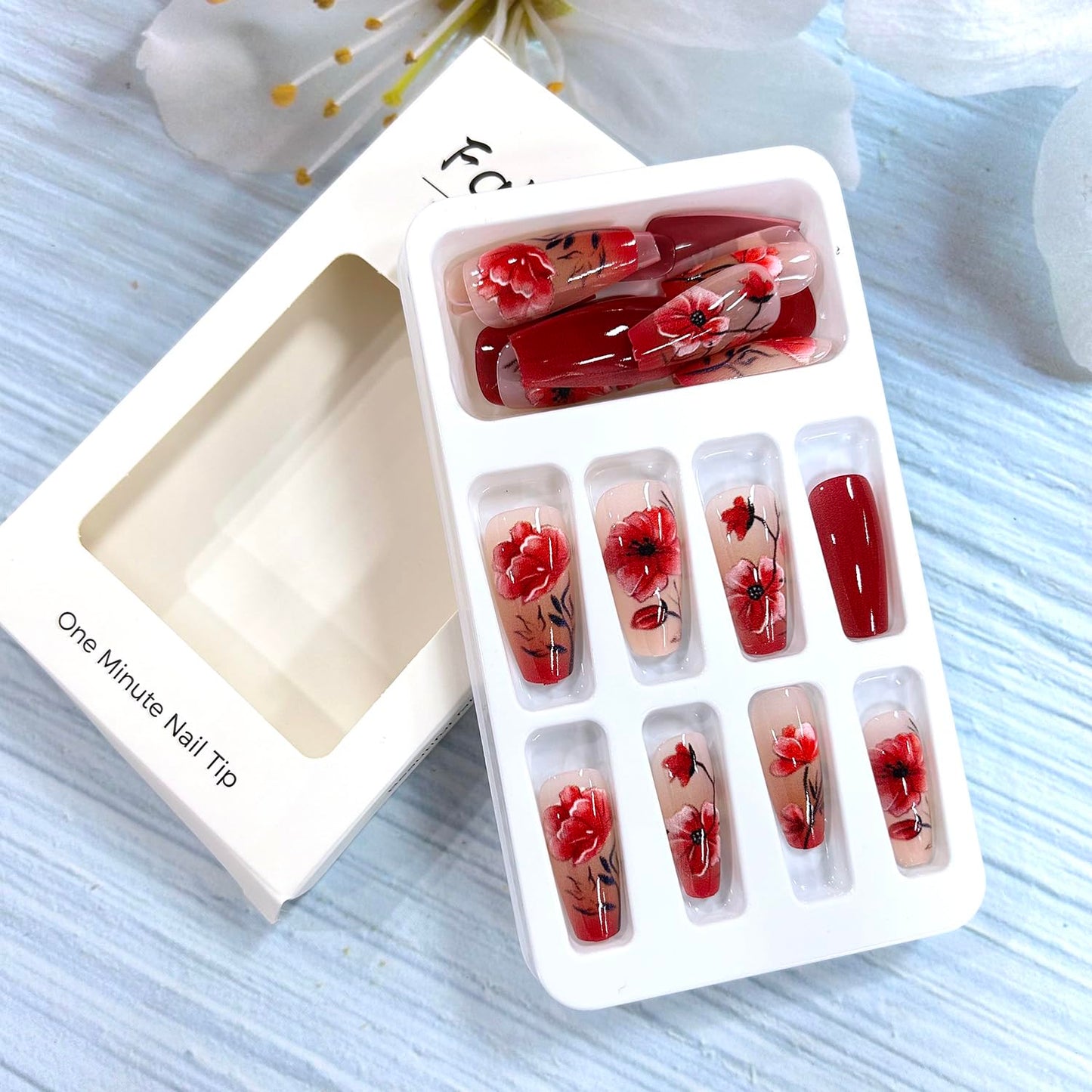 CJDLTS Red Flower Press on Nails Medium Ballet Shaped Full Cover Glossy Floral Stick on Nail Artificial Acrylic Blossom Fake Nail Reusable Medium Glue on Nails for Women Manicure Art 24Pcs