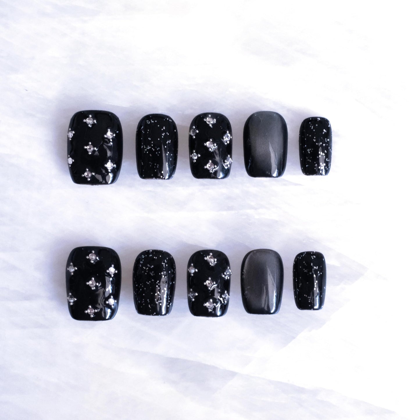 BlackStar - Handmade Press on Nails, Black Starry Sky with Cat Eye, Rhinestone Bling, Short Square Shape, 10PCS (Small Size, SS)