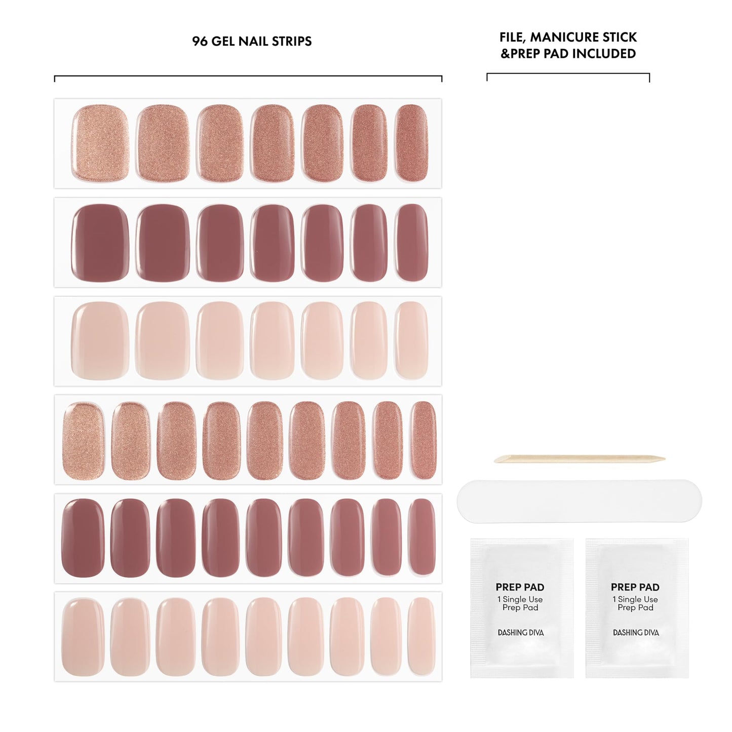 Dashing Diva Glaze Nail Strip 3-in-1 Kit - Best of Nudes - Long Lasting, Chip Resistant, Semi-Cured Gel Nail Strips - Contains 96 strips, 3 prep pads, 3 manicure sticks, 1 nail file