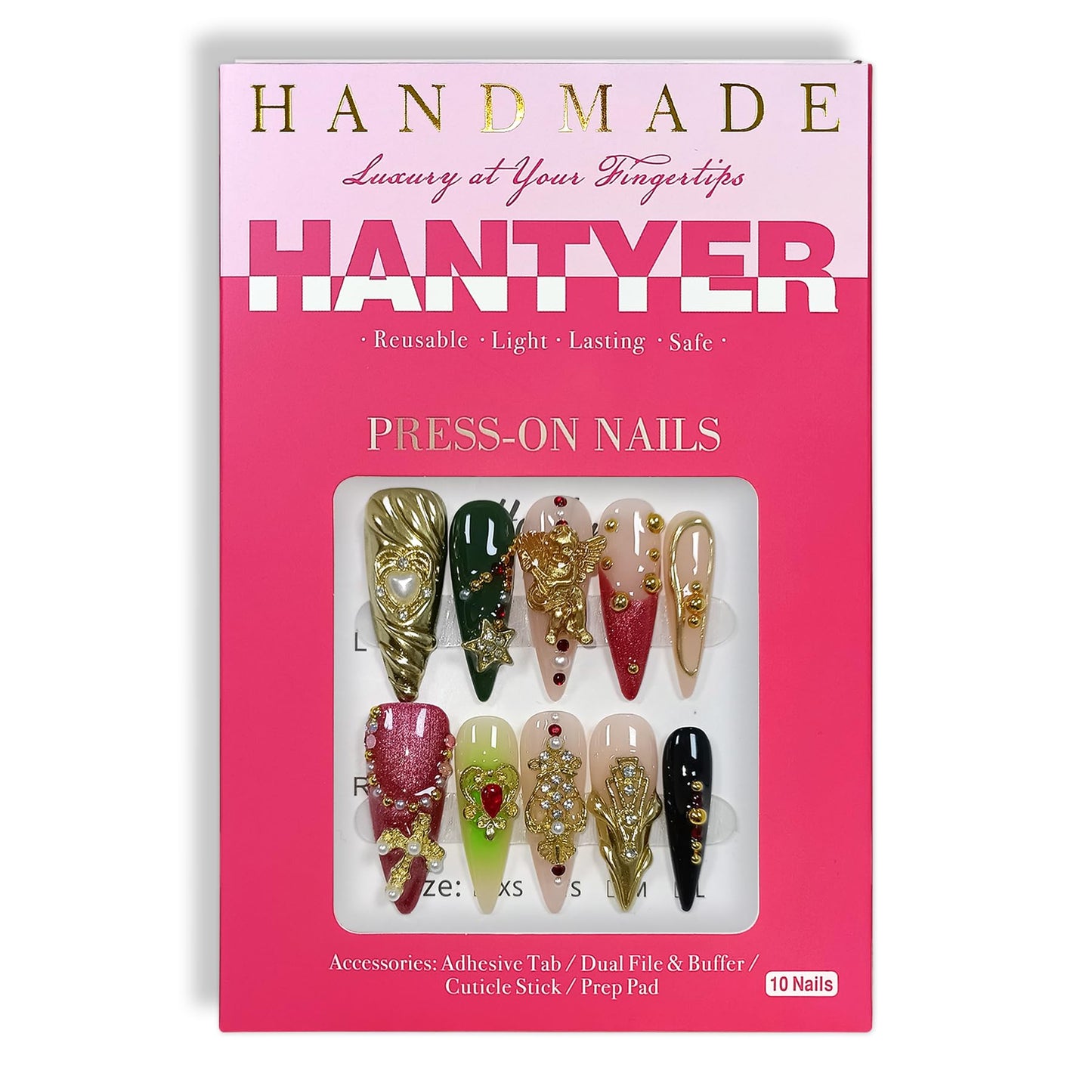 Hantyer Pink Baroque Press on Nails with Water Ripple Carving, Angel Statue, Cross & Rhinestones, Long Stiletto Glossy Luxury Fake Nails, Reusable Edgy Glam False Nails for Women Gala Party (Size M) ﻿