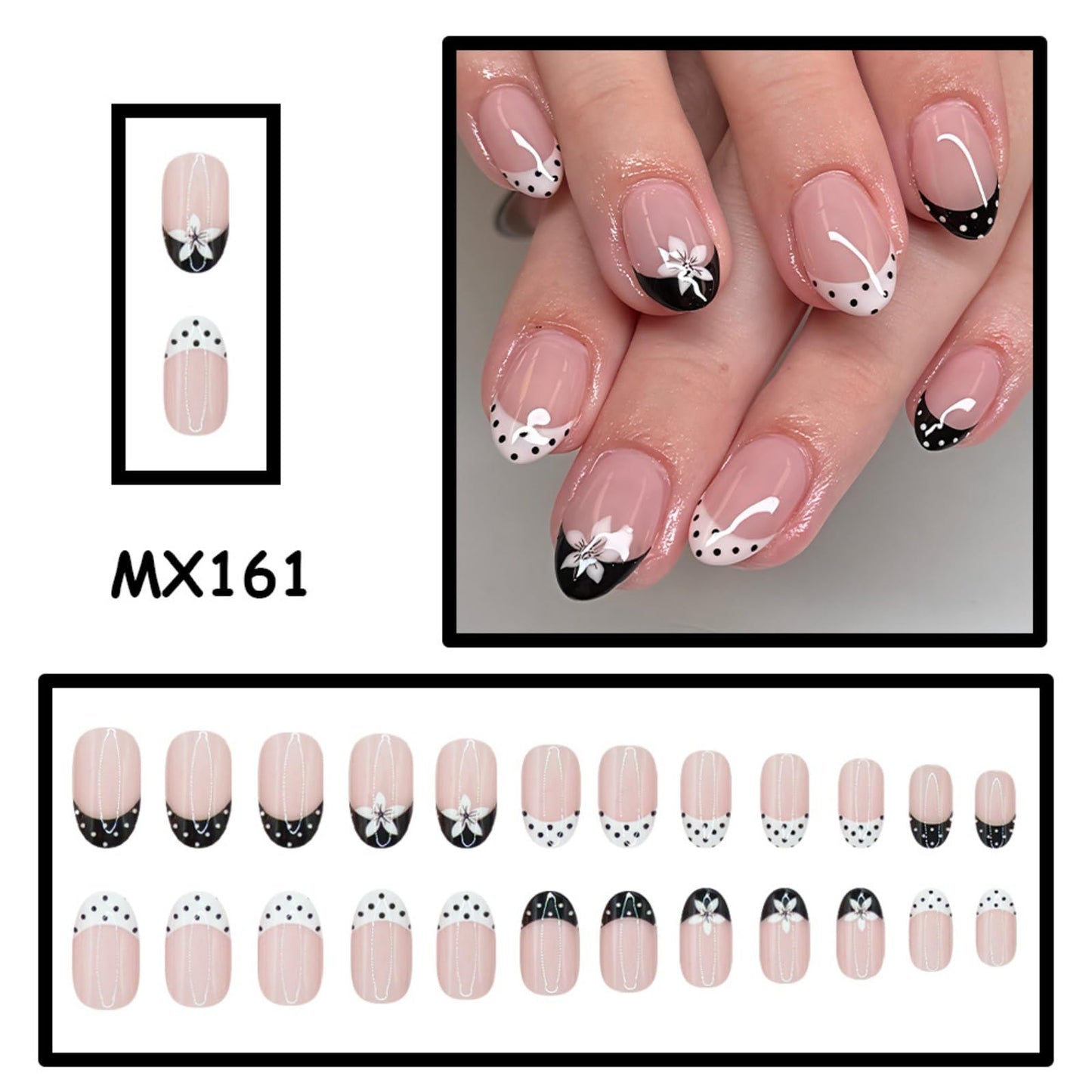 French Tip Press on Nails Short Almond Fake Nails with Flower Designs Spring Floral Full Cover Glue on Nails Polka Dot Flowers False Nails Black White Glossy Acrylic Stick on Nails for Women Manicure