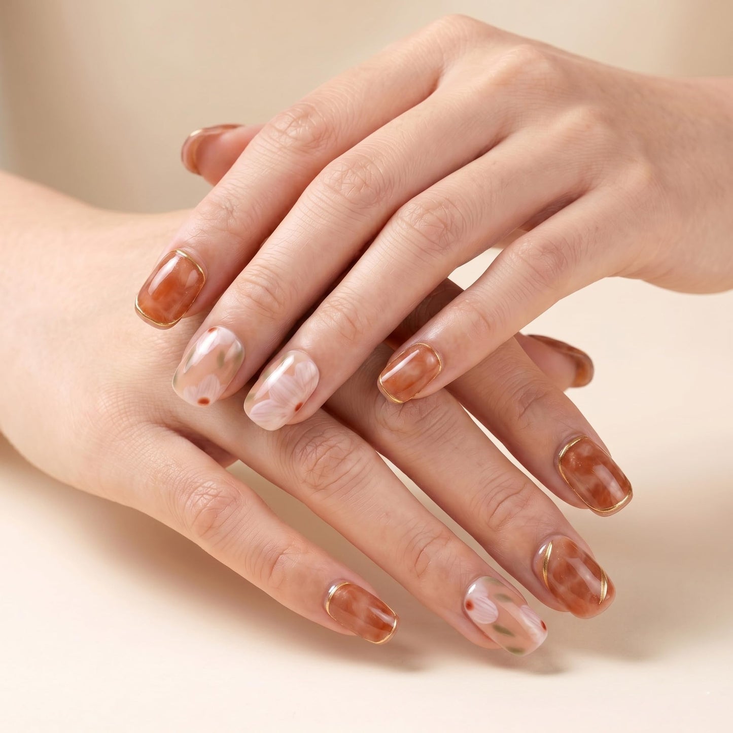 Sun&Beam Nails Handmade Short Round Brown False Nail Tips with Cute 3D Camellia Popular Charm Design Press On Nails 10 Pcs (#037 S)
