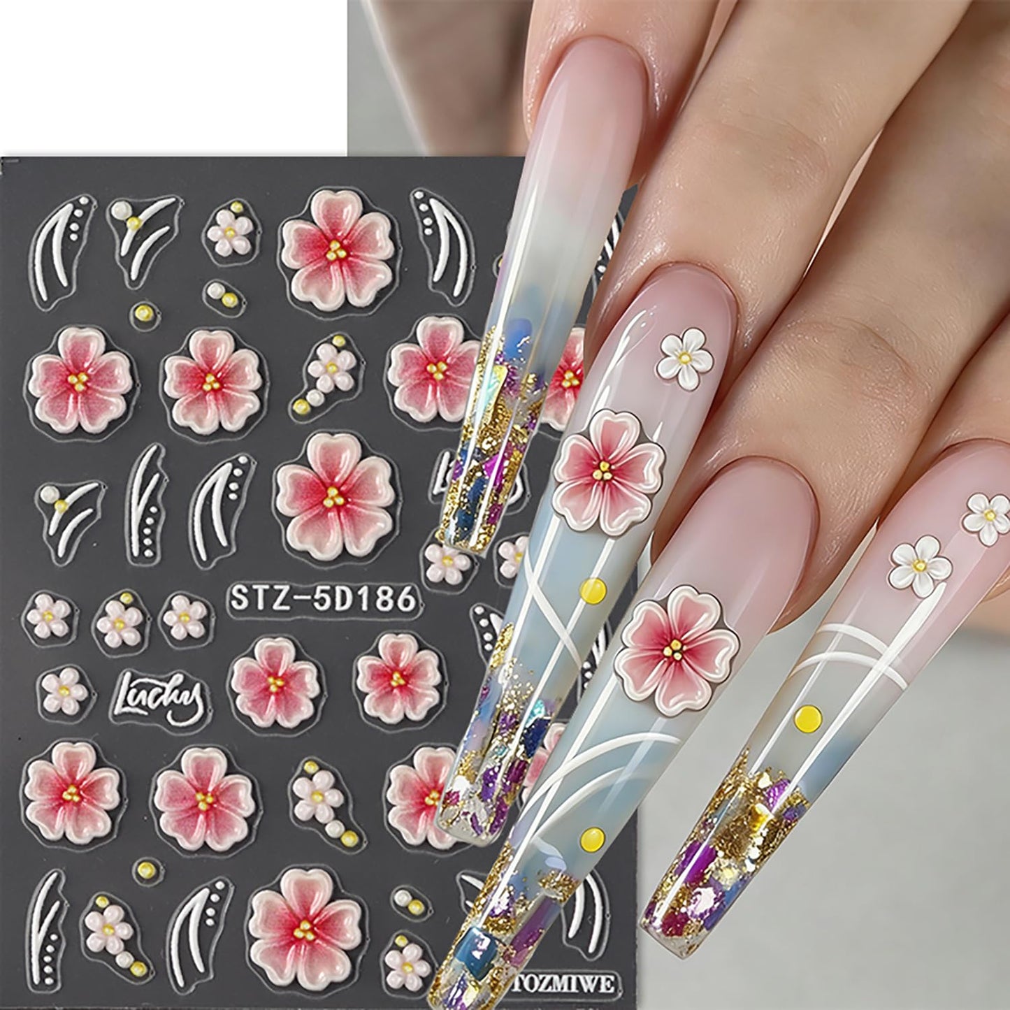 CJDLTS 2 Sheets 5D Flower Nail Art Stickers 5D Relief Self -Adhesive Cherry Blossoms Nail Decals Holographic Pink Cherry Blossoms Nails Stickers for Women Spring Acrylic Nails Decoration Supplies