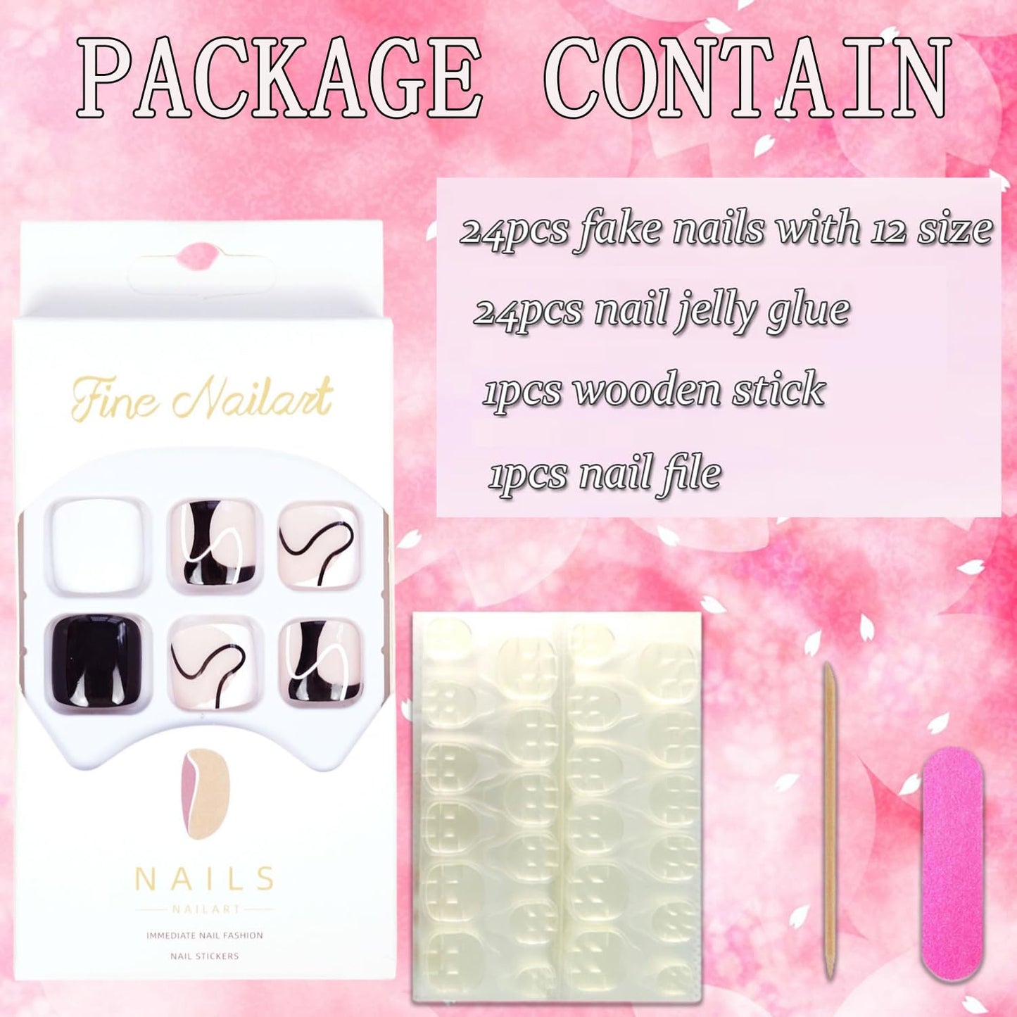 Press on Toenails with Line Designs, Artificial Black White Fake Nails for Toe, Full Cover Glossy Coffin Acrylic False Nails, Glue on Toenails with Charm, Stick on Toe Nails for Women Girls(J191)
