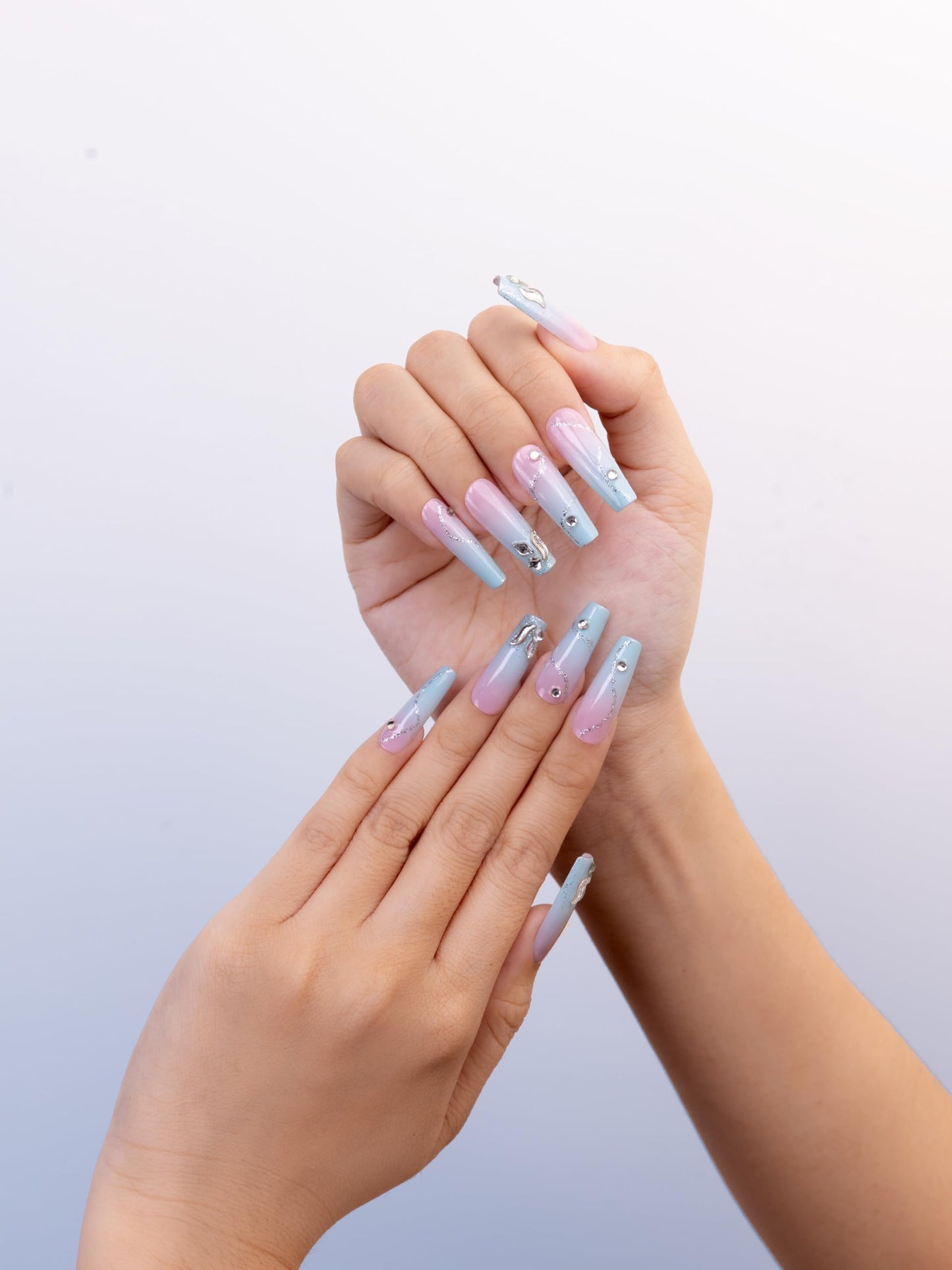 SIYOU Beauty | Mermaid Shore | Pink and Light Blue Mermaid Long Coffin Press On Nails for Women (Large) - Reusable, Salon-Quality Fake Nails (10pc)