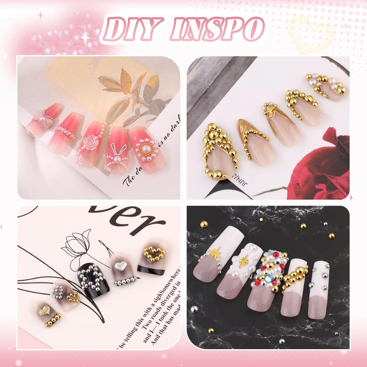 Flatback Pearl Nail Charms and Gems, Half Round 1.5-4mm Gold Silver Nail Charms, White Beige Pearls for Acrylic Nails, Resin Nail Rhinestones for Face Makeup and Crafting 2Boxes