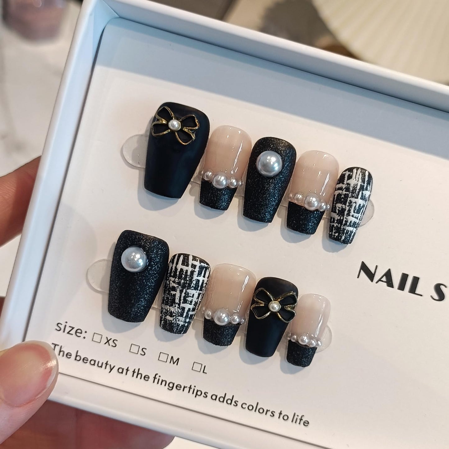 TENPAL Handmade French Tips Press on Nails Medium,Black Gold Pearl & Bow Tweed Coffin Nails,Detachable Luxury Heirloom Elegance Glue on Nails for Fair Skin, Acrylic Wedding Nails for Women(L)