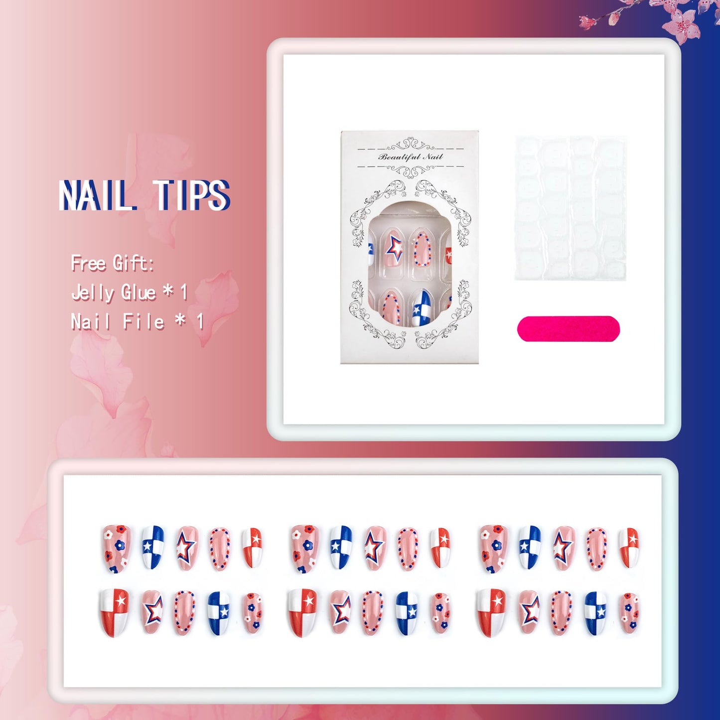 Independence Day Press on Nails Medium Almond Fake Nails Red White Blue Plaid Full Cover False Nails Press ons Glossy Star Patriotic Nails 4th of July Glue on Nails for Women Manicure 24Pcs