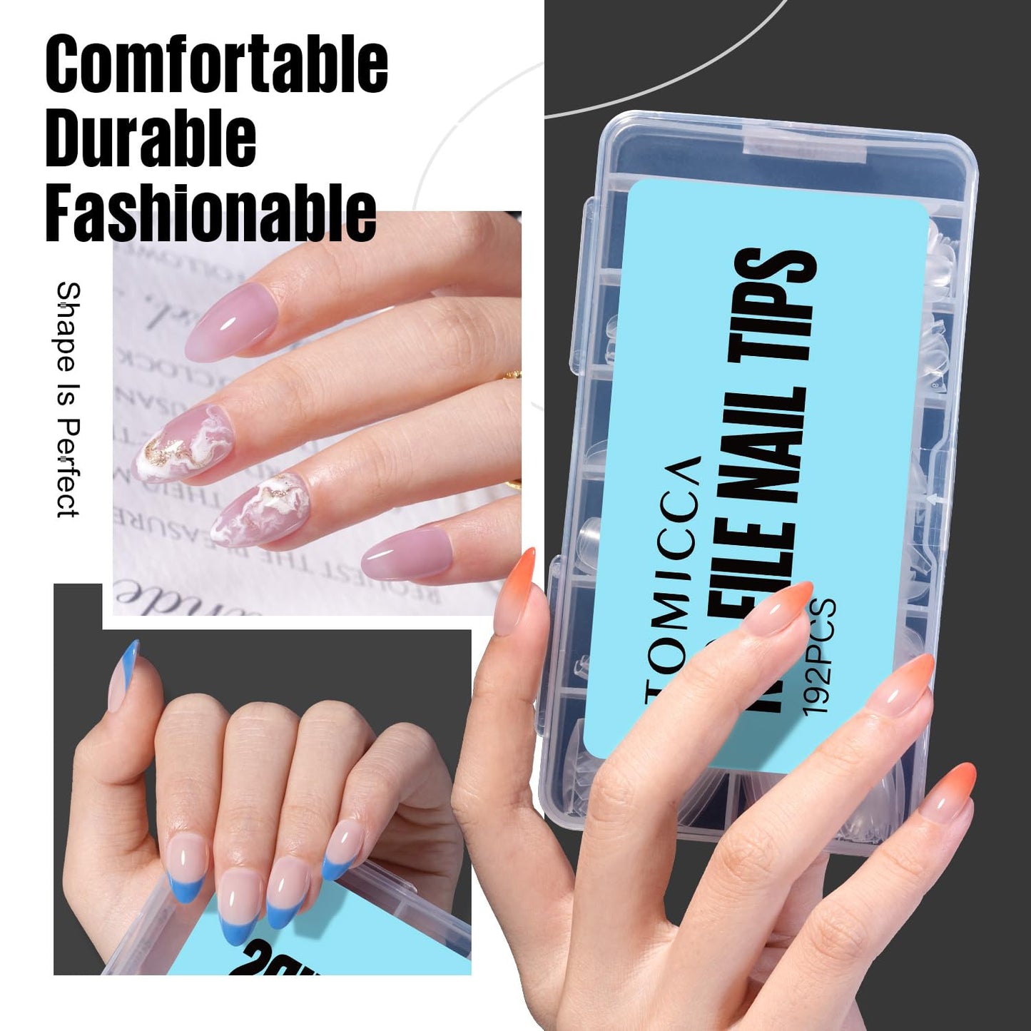 TOMICCA Short Almond Nail Tips,192Pcs Short Nail Tips Fake Nails Acrylic Nail Set, 12Sizes Gel Clear Nails for Nail Extension Home DIY Nail Salon