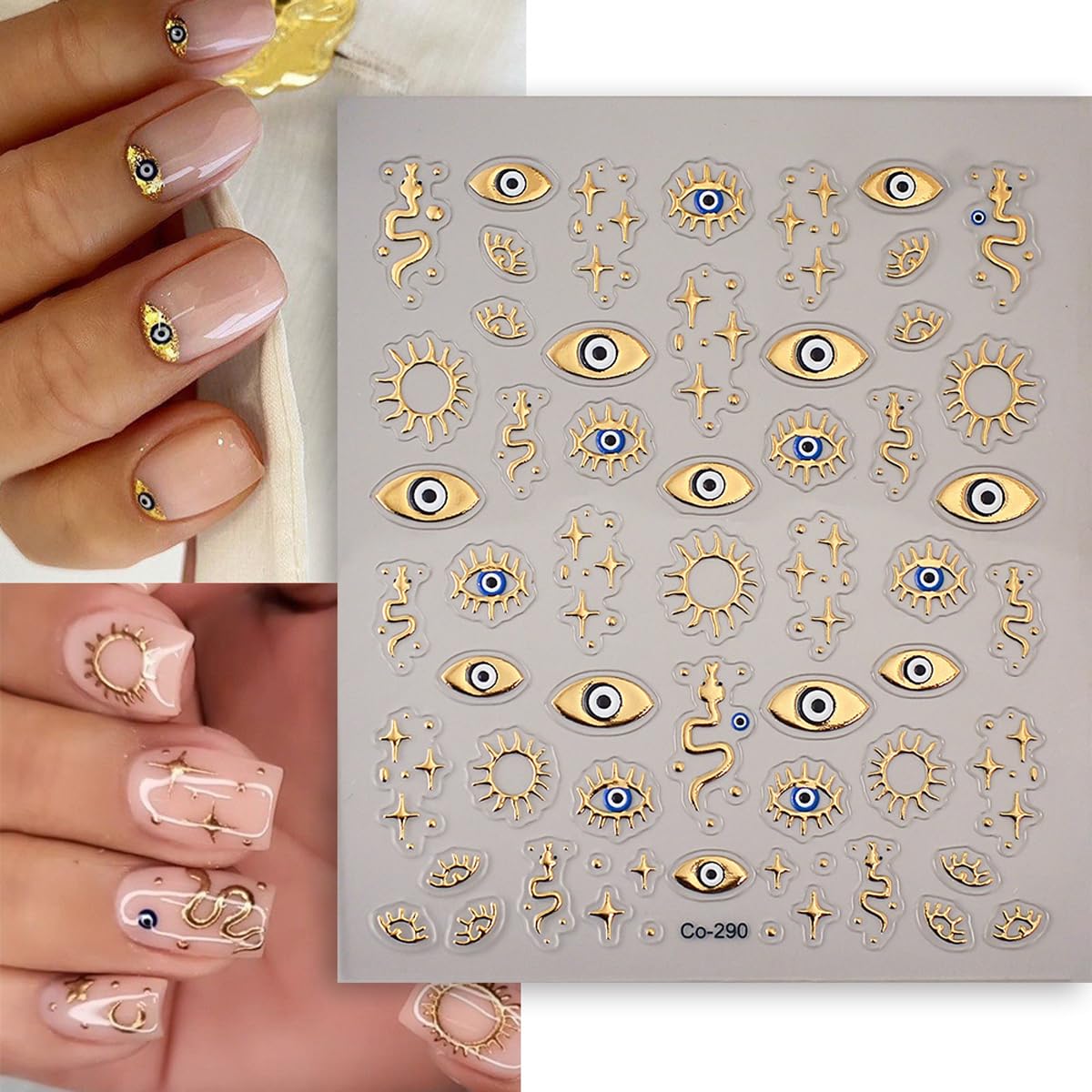 Gold Evil Eye Nail Art Stickers 3D Gold Nail Stickers Star Snake Nail Decals Gold Stickers for Nails Designs Self-Adhesive Nail Art Supplies for Women Girls DIY Manicure 1 Sheets