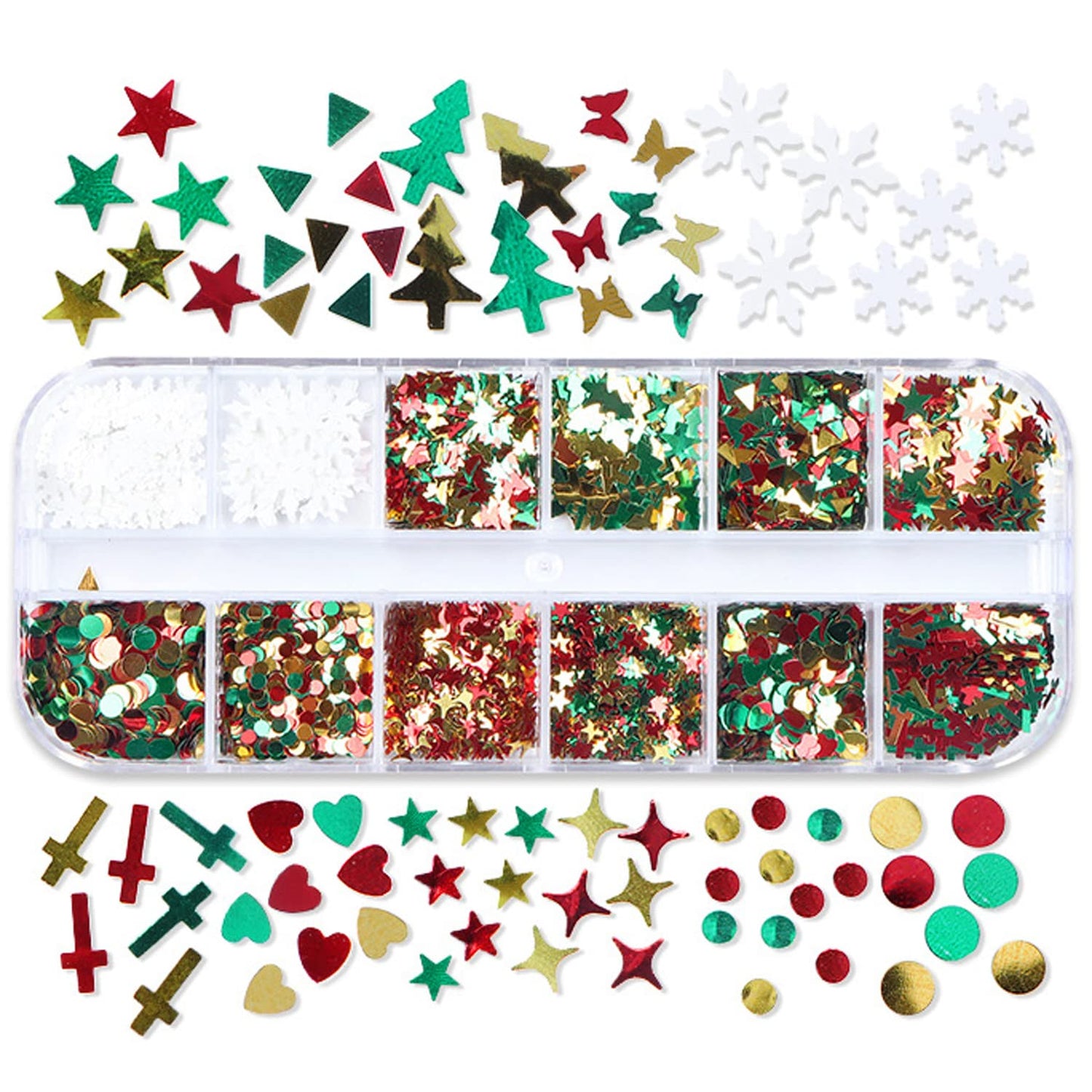 Christmas Glitter Nail Art Sequins, 3D Christmas Tree Snowflakes Love Heart Stars Circle Nail Sparkly Flakes Design Supplies for Women Girls Manicure Holiday Decorations, Xmas Resin Nail Art Tips