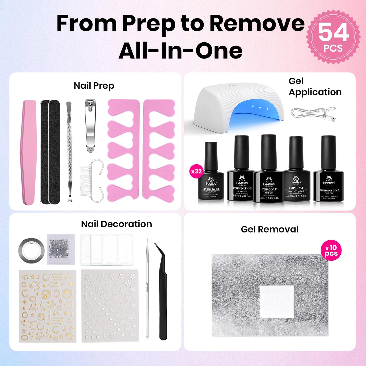 Beetles Gel Nail Polish Kit with U V Light -54 Pcs Gel Nail Kit Four Seasons Glow 32 Colors Set with Base Matte & Glossy Top Coat Soak Off Home Salon Nails DIY Manicure Gifts for Women Teen Girls