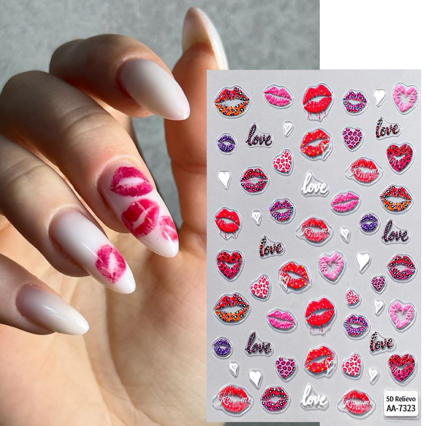 4Sheets 5D Valentine Nail Art Stickers Kit Romantic Valentines Style Red Lip Love Nail Design Decal with Adhesive Cute Hollow Heart Letter Bow Embossed Slider Decal for Wedding Perty Nail Charms Decor