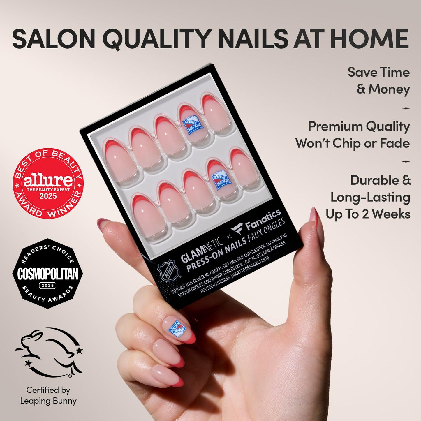 Glamnetic x Fanatics Press On Nails - New York Rangers | Short Almond Fake Nails, NHL Rangers Red French Tips, Hockey Nails, Salon-Quality | 15 Sizes - 30 Nail Kit with Glue