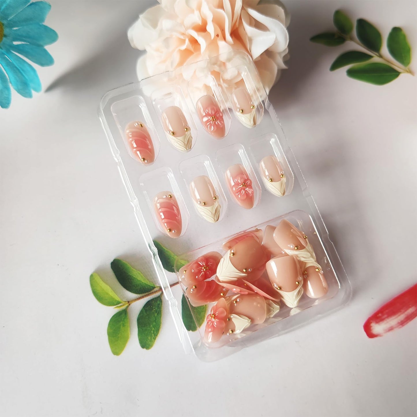 3D Flower Medium Almond False Nails HZJXRT Press on Nails 24 Pcs Curve Line Acrylic Fake Nail Blush Gradient Gel Glue on Nail Glossy White French Tips Stick on Fingernail for Coquette Women Gift