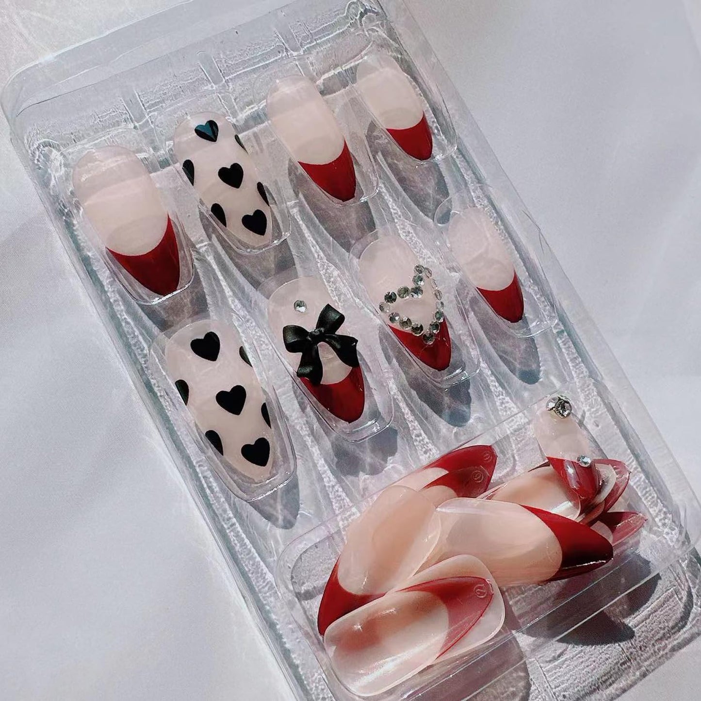Wine Red French Press on Nails Medium Length Rhinestone Fake Nails Heart Bow Bling Glossy Artificial Nails Acrylic Glue on Nails Natural Stick on Nails for Women 24Pcs Medium French Nails