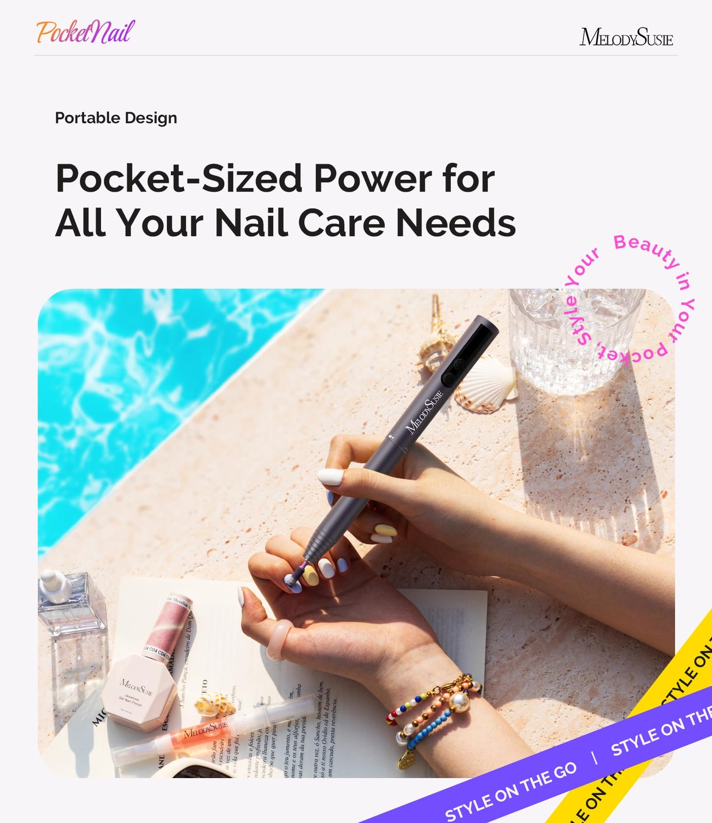 MelodySusie PocketNail Pen-Shaped Cordless Modular Nail Drill, PC100GR 20000RPM Slim Portable Rechargeable Electric File for Manicure Pedicure Nail Care, Shaping & Gel Removal at Home for Beginners