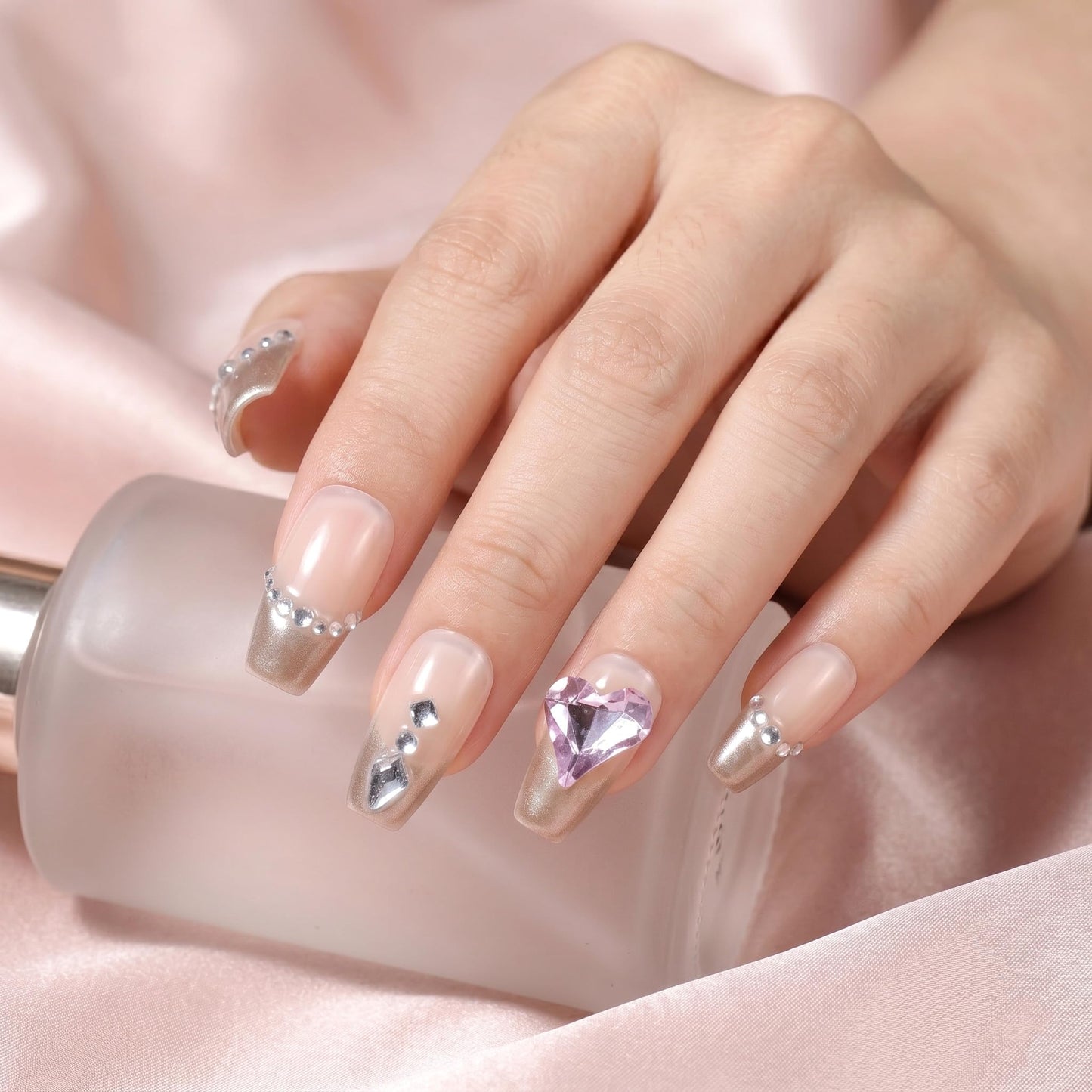Sun&Beam Nails Handmade Press-on Medium Long Coffin Ballerina Nude Gold French Rhinestone Design False Nail Tips 10 Pcs (#136 M)