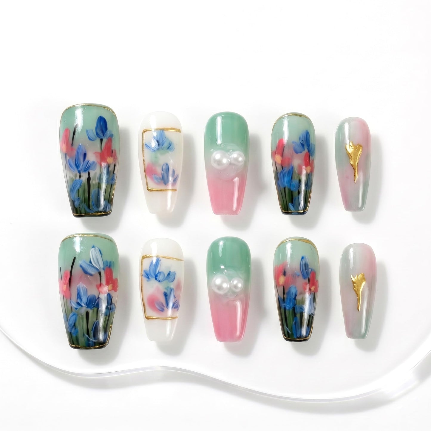 Sun&Beam Nails Handmade Press On Nail Medium Long Coffin Ballerina Green Painting Fake Tip 3D Design Art Charms Cute with Storage Box 10 Pcs (M)